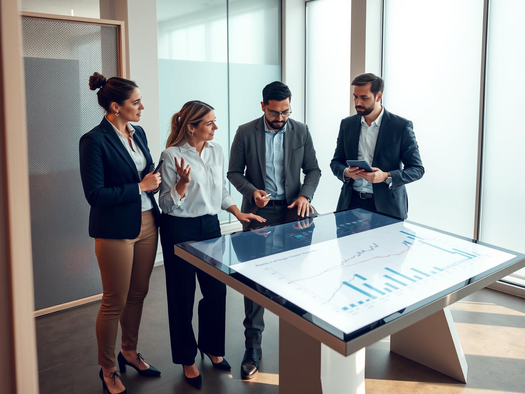 Four professionals in a Scandinavian innovation lab collaborating over interactive sales analytics table
