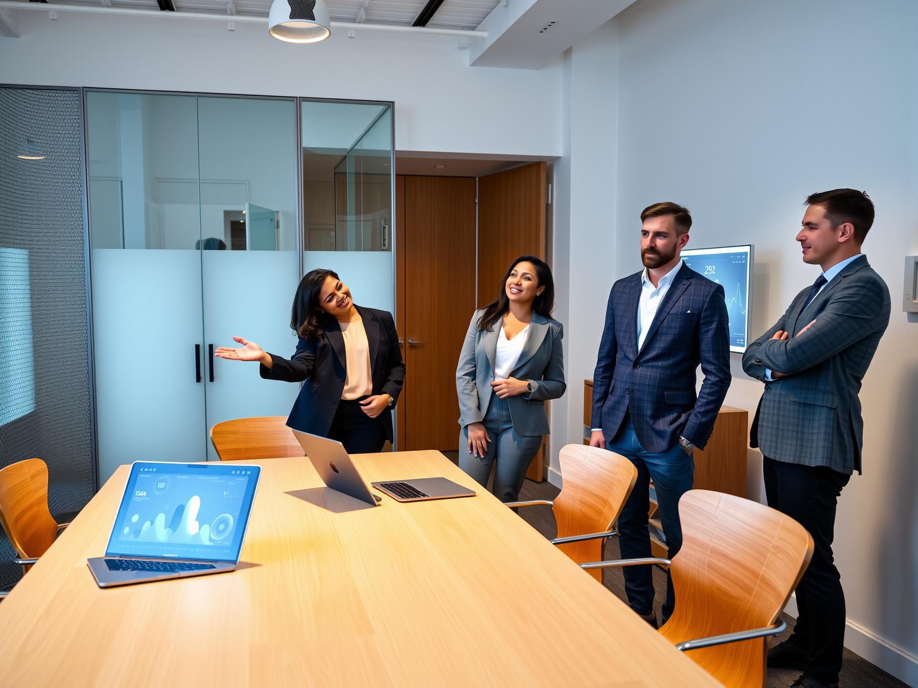 Four professionals collaborating in a Scandinavian-tech lab around digital touchscreens on account management operations.