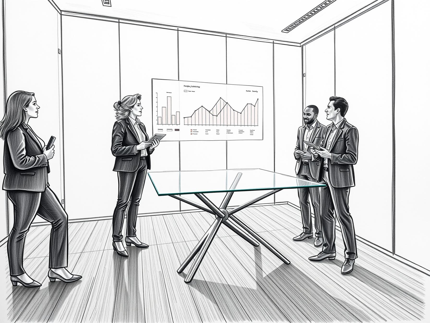 Four professionals in modern office collaborating with digital dashboard and tablets.