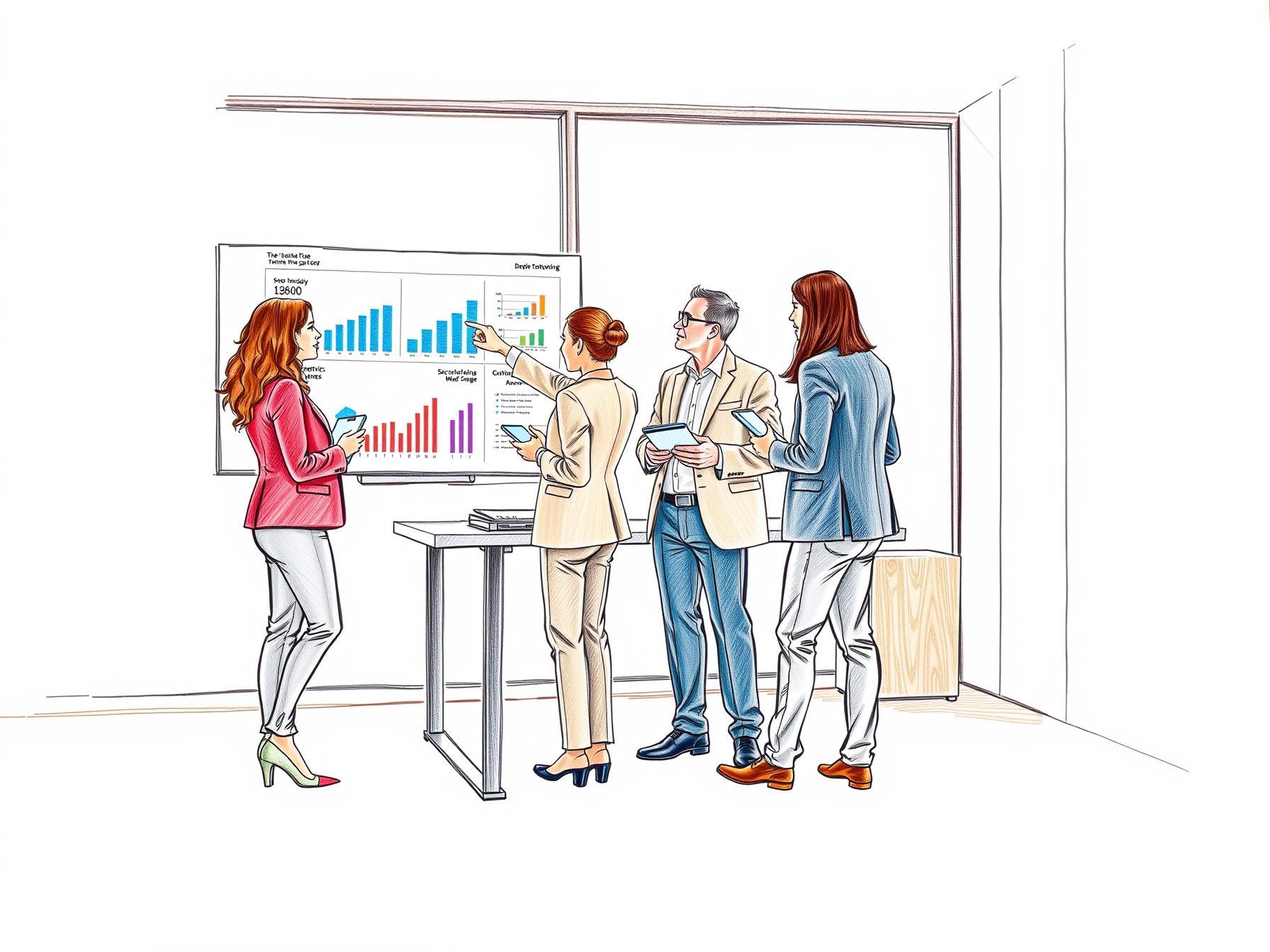 Four professionals in modern office discussing data on digital dashboard and tablets