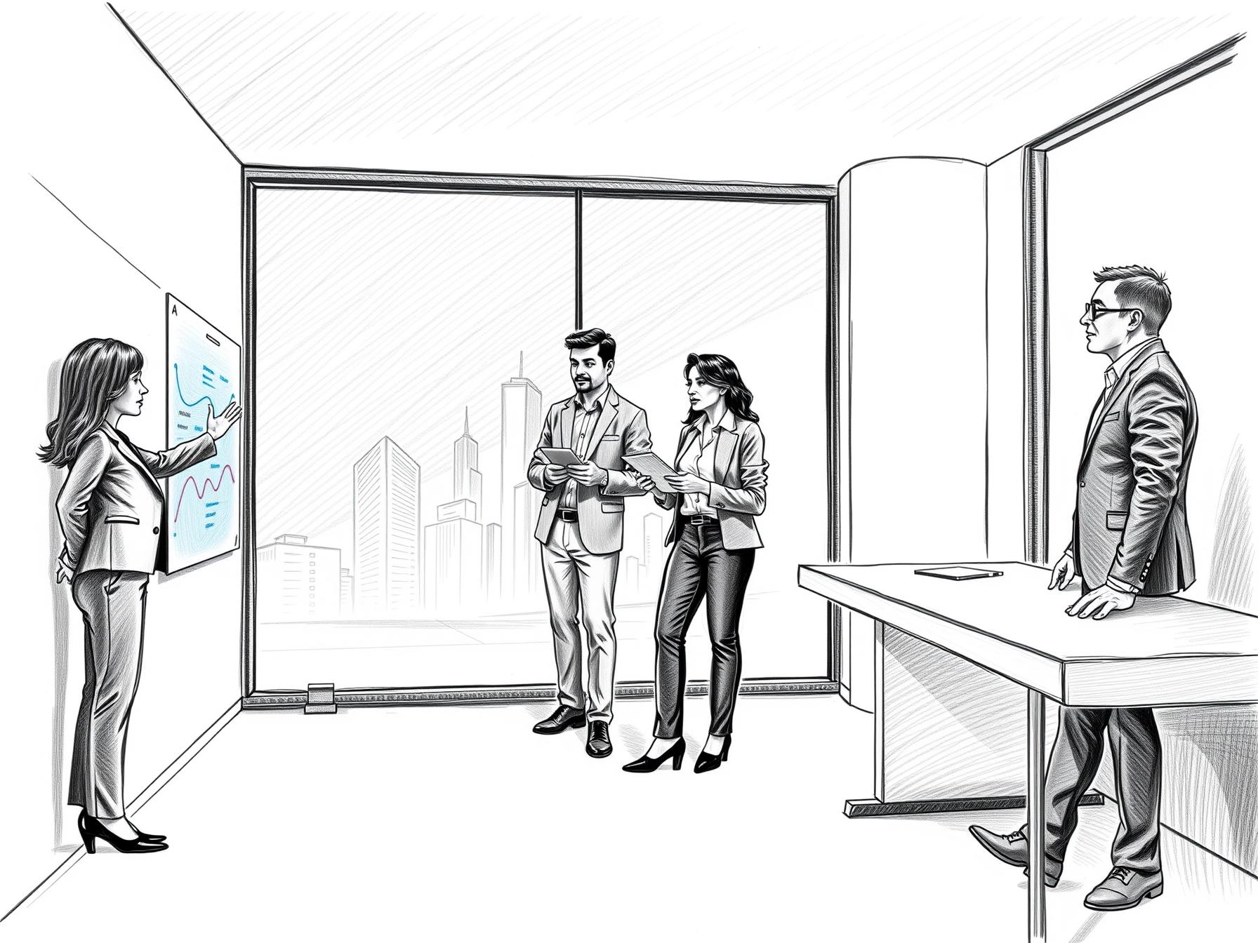 Four professionals in modern office collaborate around digital dashboard displaying enterprise agility concepts