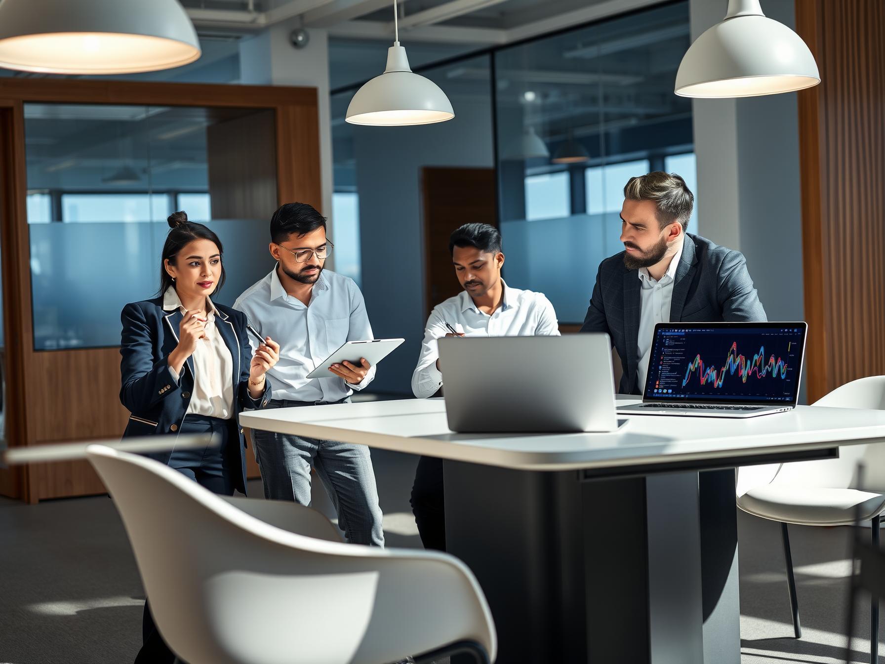 Four professionals collaborating in a bright Scandinavian-tech lab around digital devices and charts