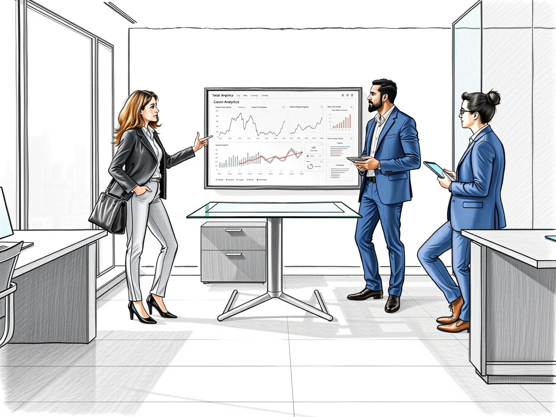 Four diverse business professionals collaborate around digital dashboards in a modern office setting.