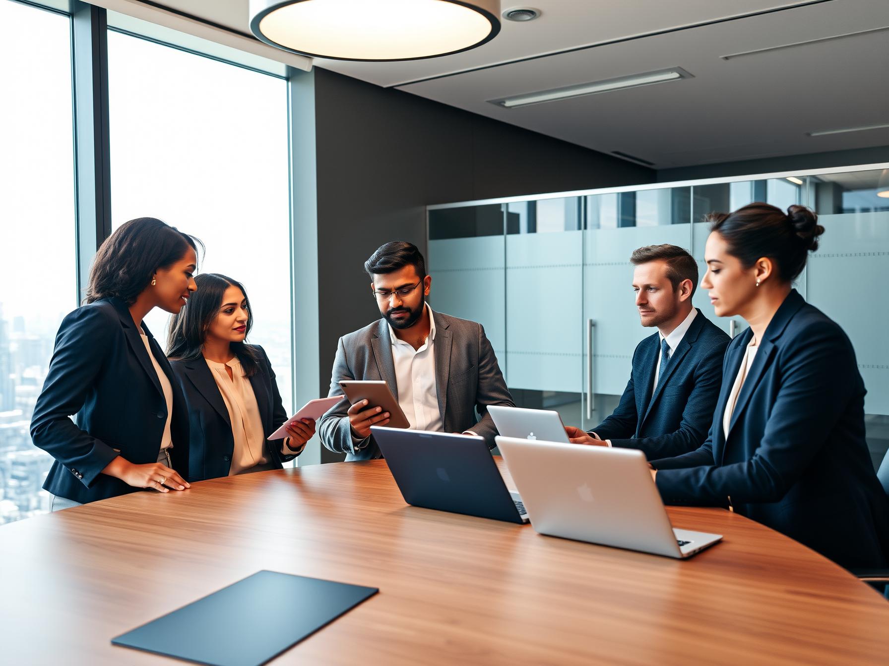 Four professionals collaborating in a sleek high-rise boardroom with city views reviewing digital data
