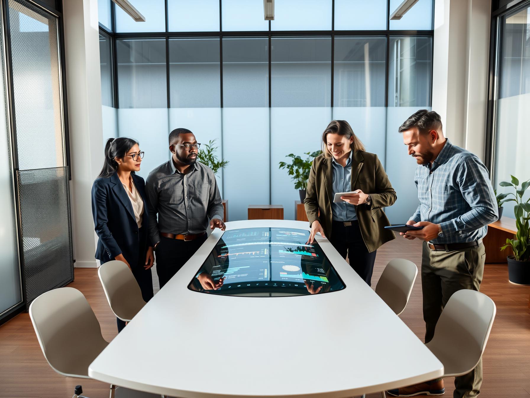 Four professionals collaborate around digital analytics in a bright Scandinavian-tech innovation lab.