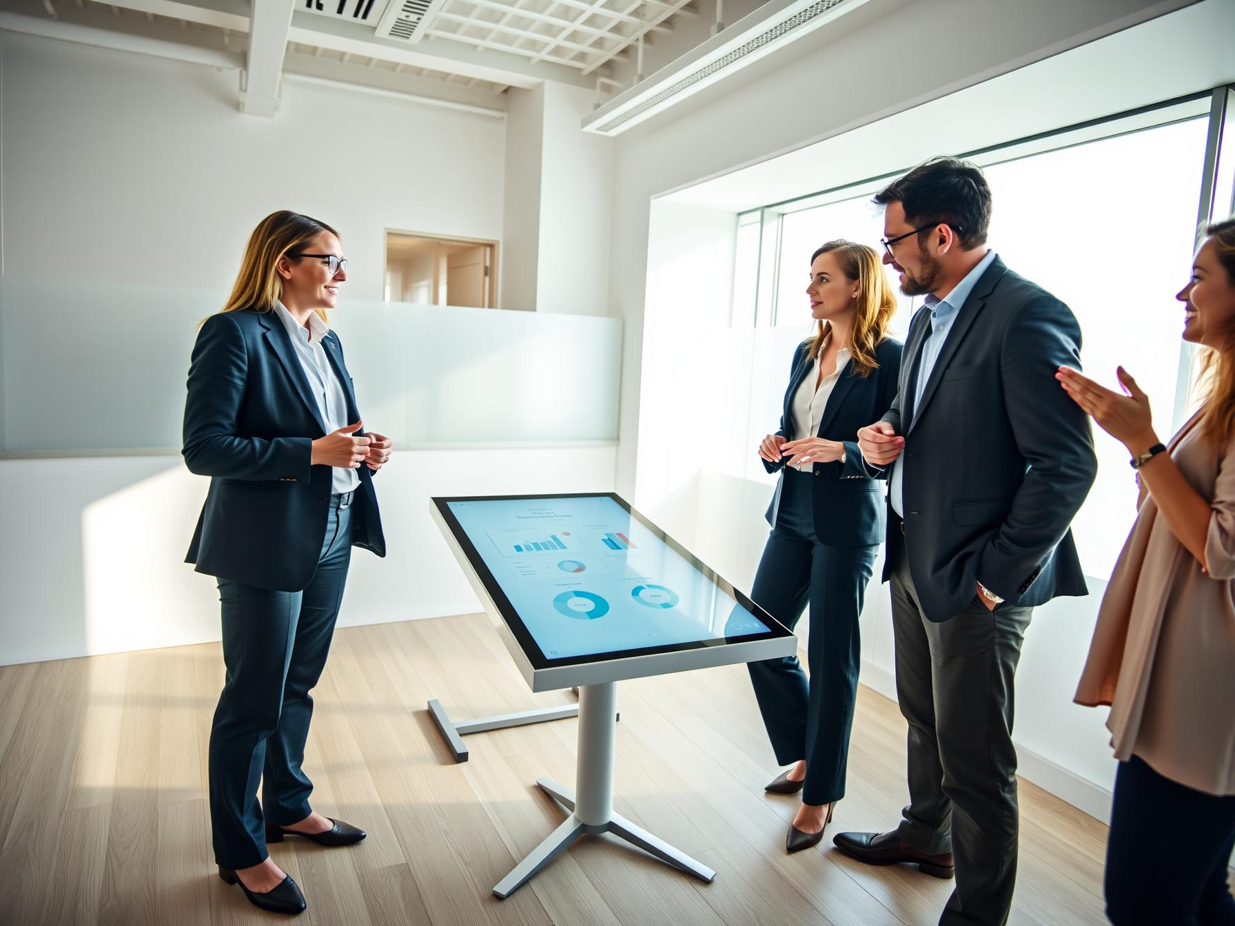 Four professionals collaborate around a digital table in a Scandinavian innovation lab with natural daylight.