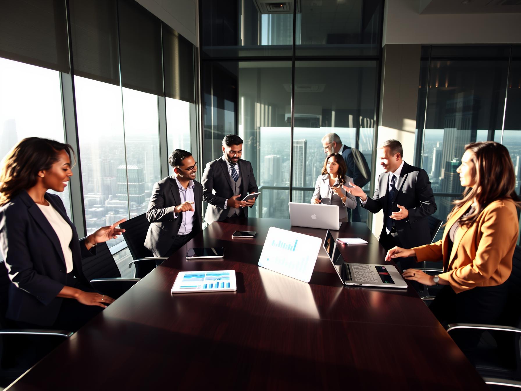 Five professionals in a high-rise boardroom engaged in discussion with digital devices displaying charts