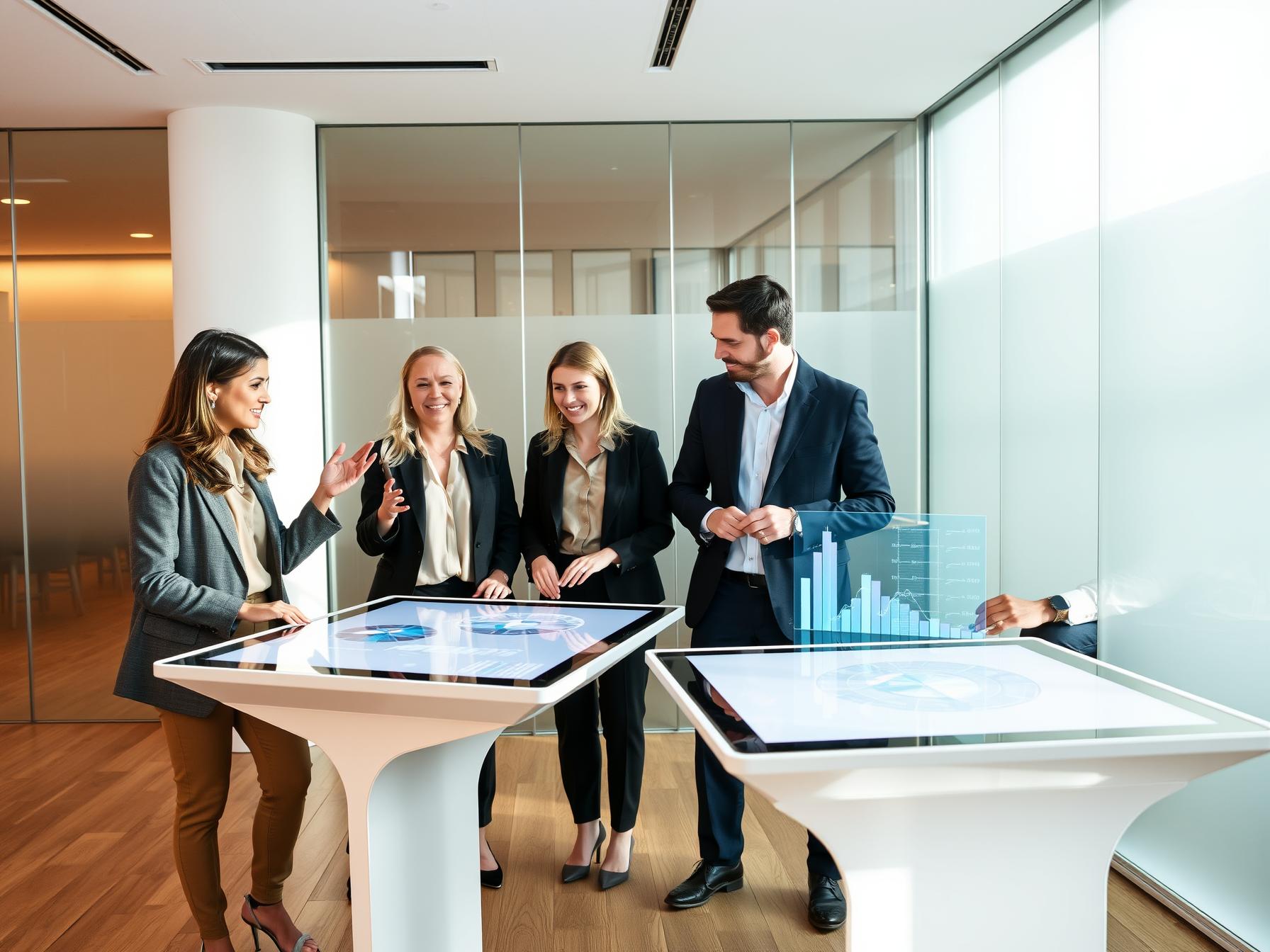 Four professionals collaborate around digital table in bright Scandinavian-tech innovation lab