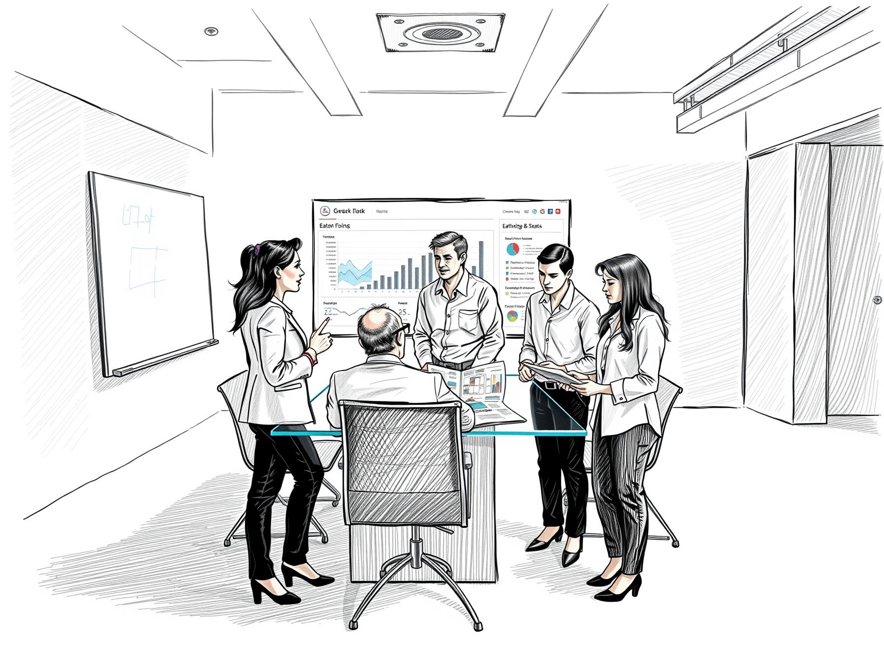 Four business professionals in office reviewing charts and digital dashboard discussing strategy alignment