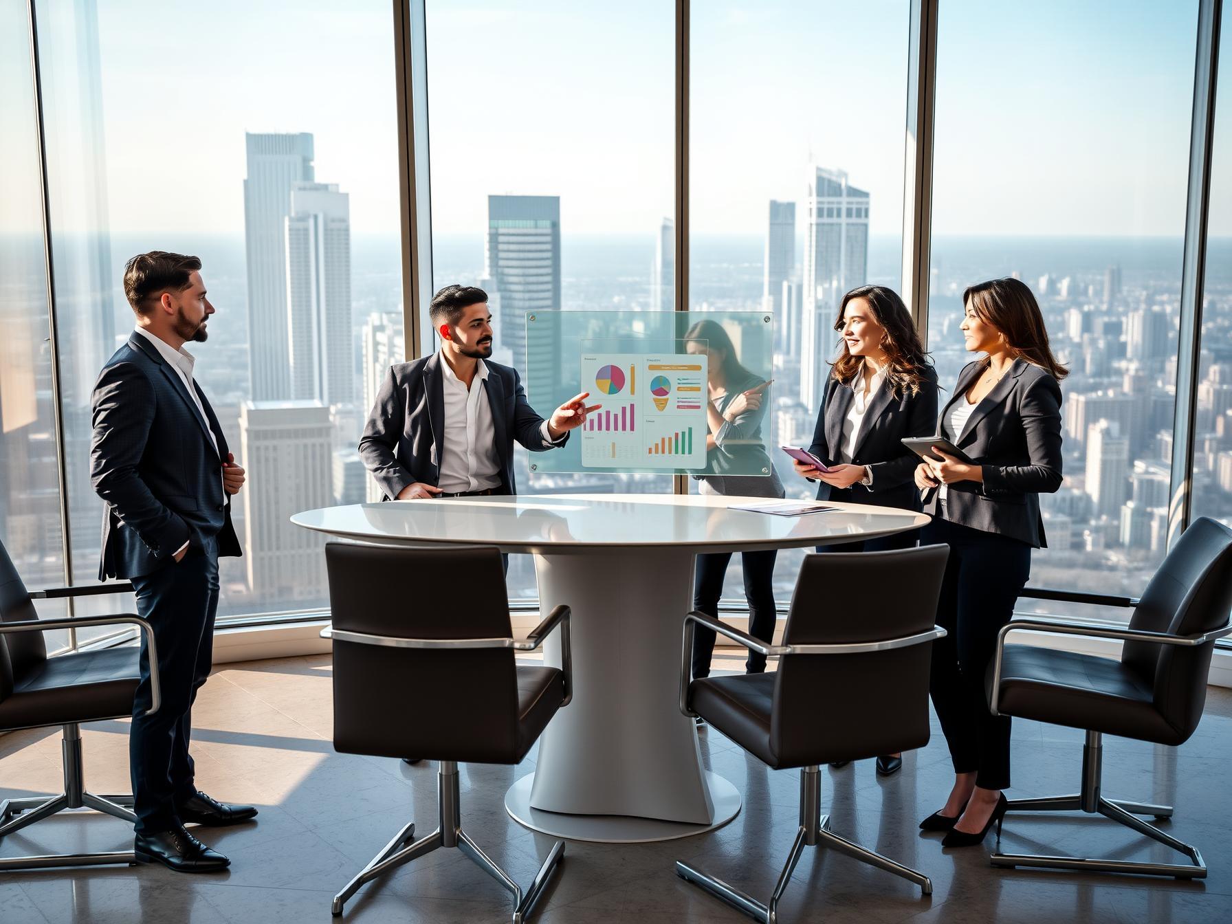 Four diverse professionals collaborating in a high-rise boardroom with a city skyline view