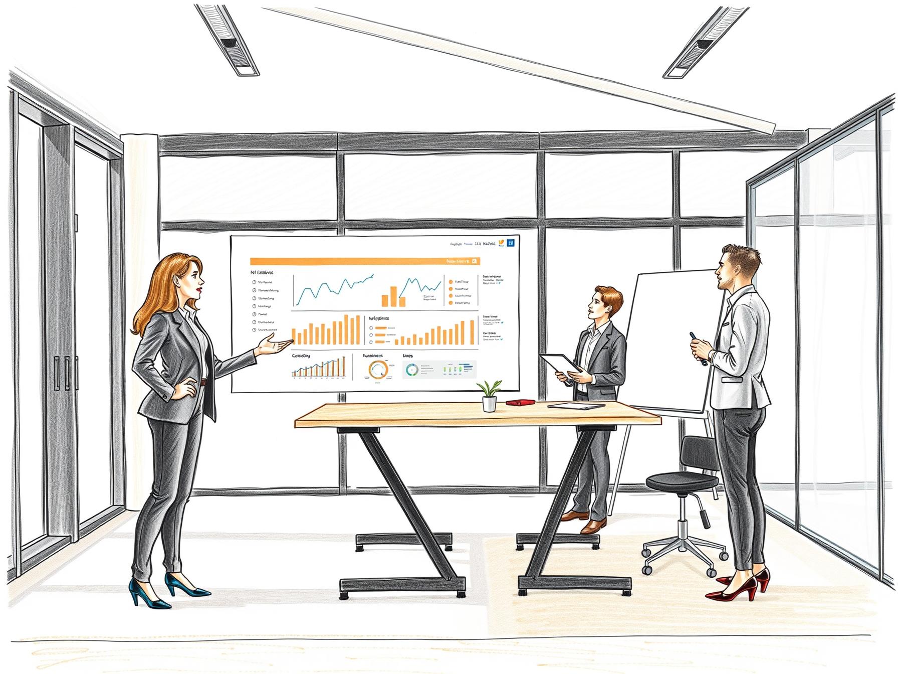 Four business professionals collaborate in modern office with digital dashboards discussing AI’s role in incentives.
