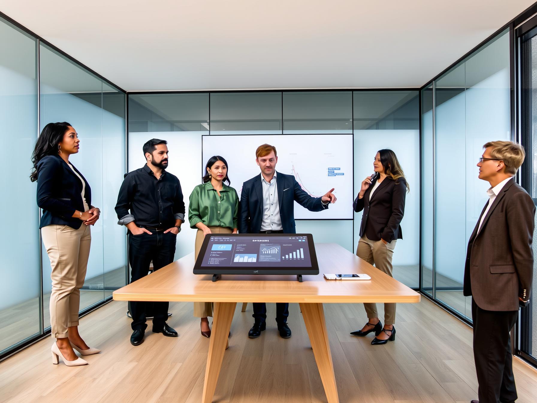 Five diverse professionals collaborating around a table in a bright Scandinavian-tech lab