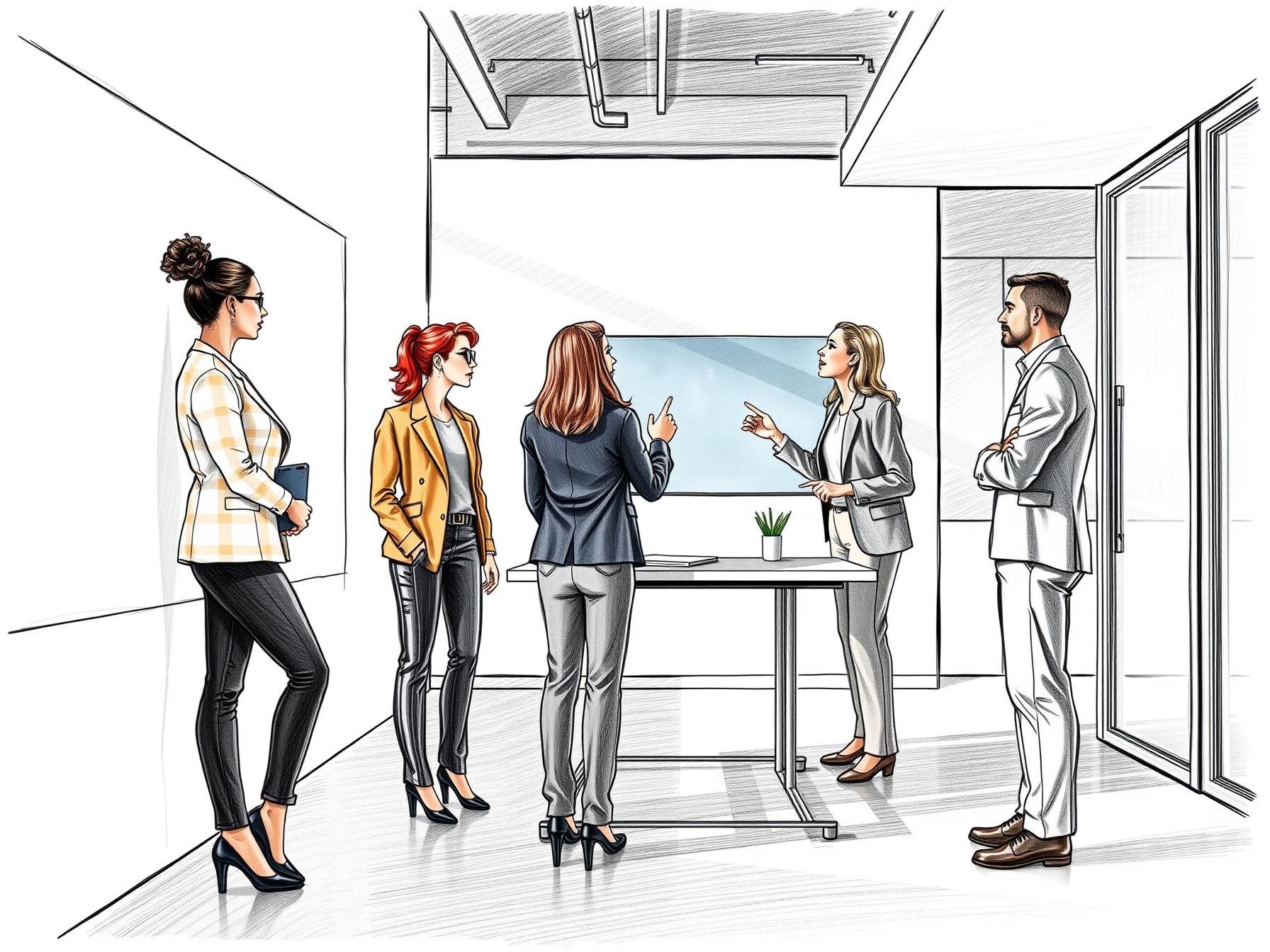 Four professionals collaborating in modern office with digital dashboard and daylight near window