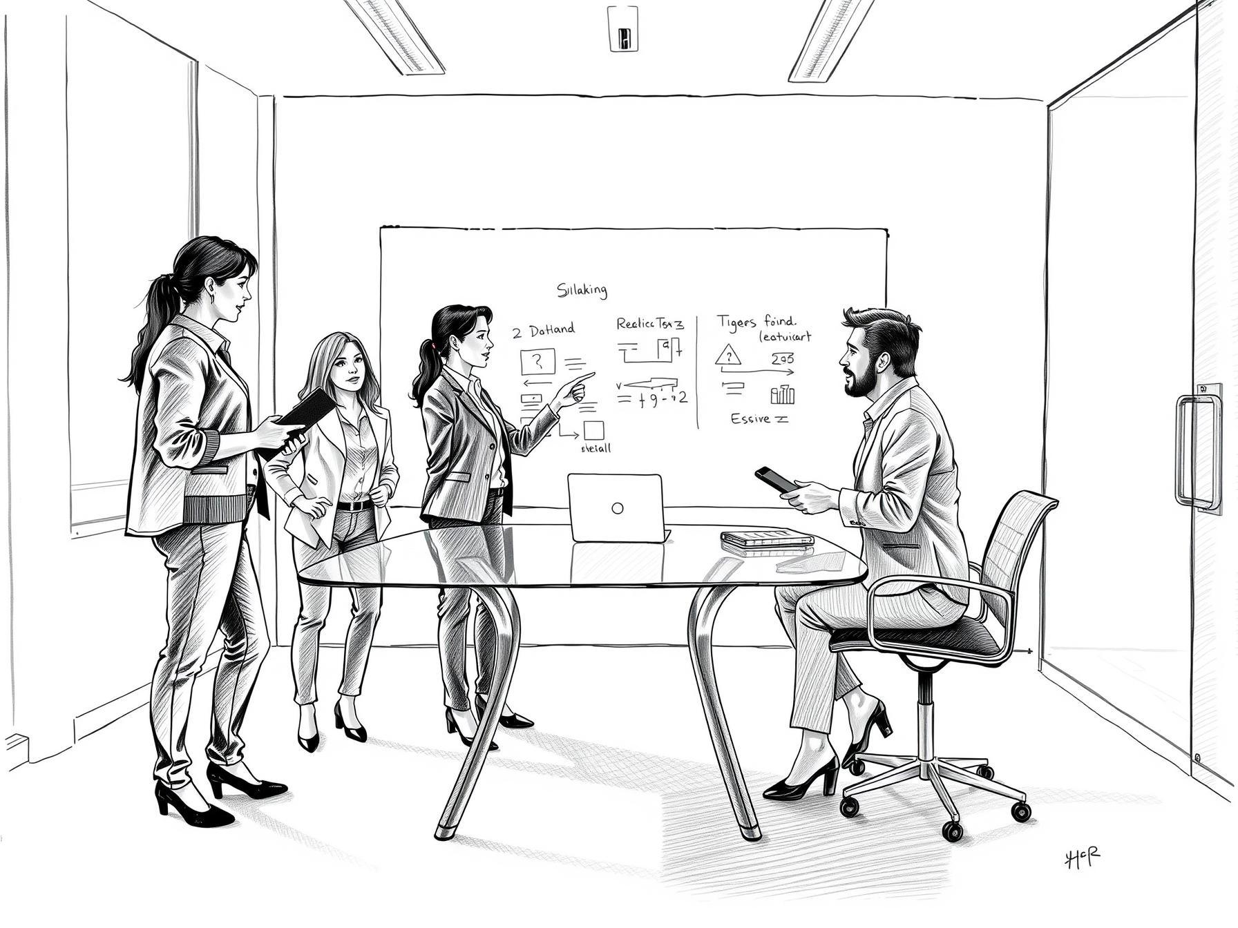 Four professionals collaborating in modern office around glass table with whiteboard and digital devices