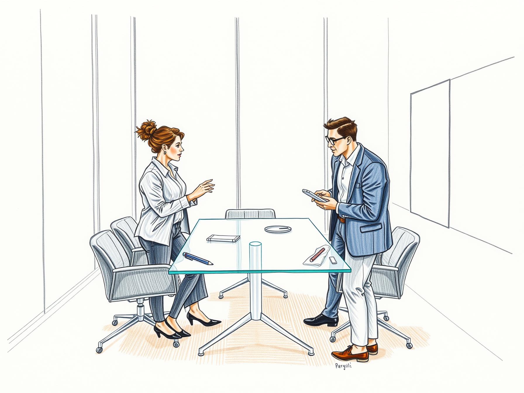 Four professionals in modern office collaborating around glass table with tablet and whiteboard.