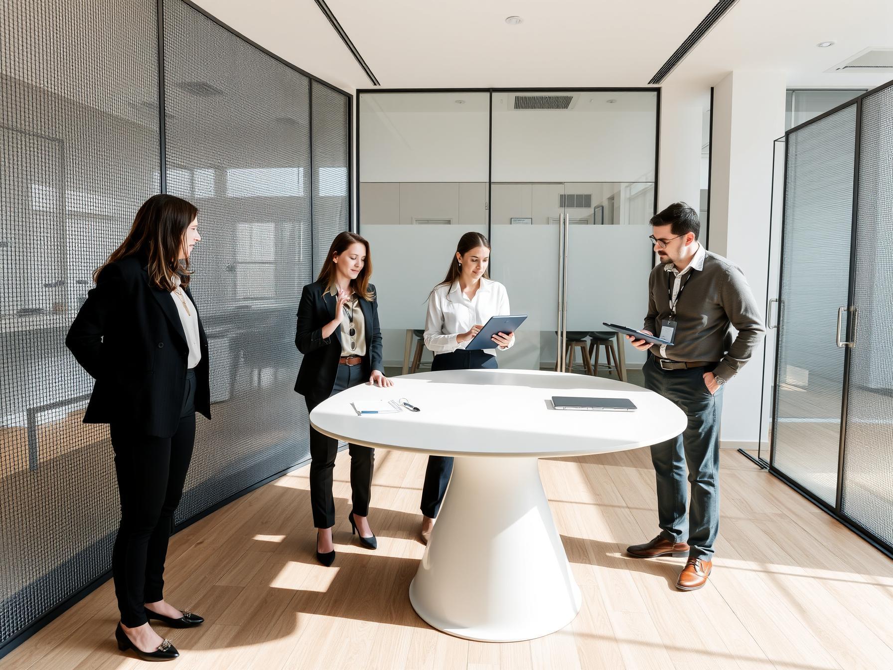 Four diverse professionals collaborating around a table in a bright Scandinavian-tech innovation lab