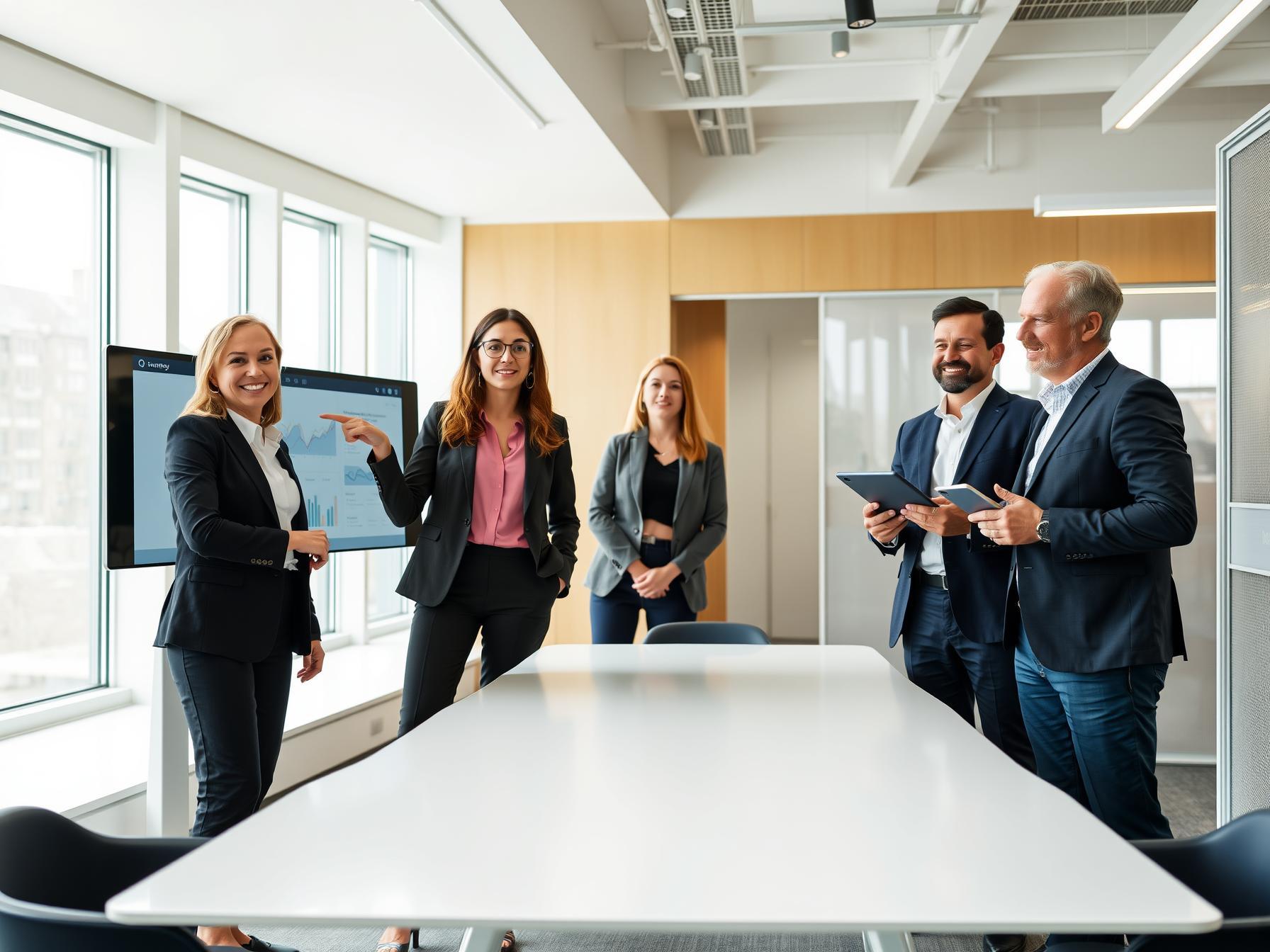 Four professionals collaborating in a bright Scandinavian innovation lab around a touchscreen display