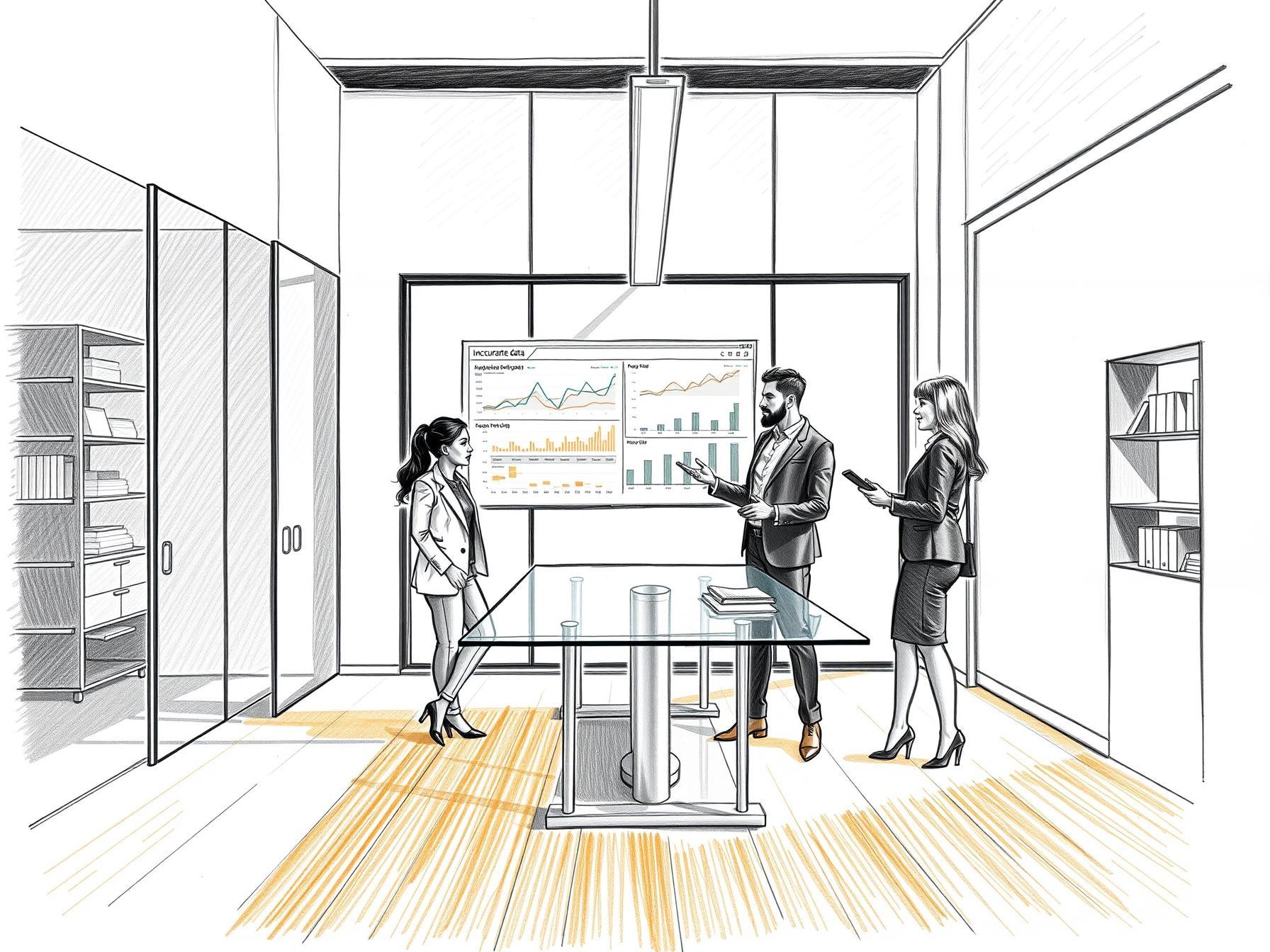 Four business professionals in modern office discussing data with tablet and papers near large window