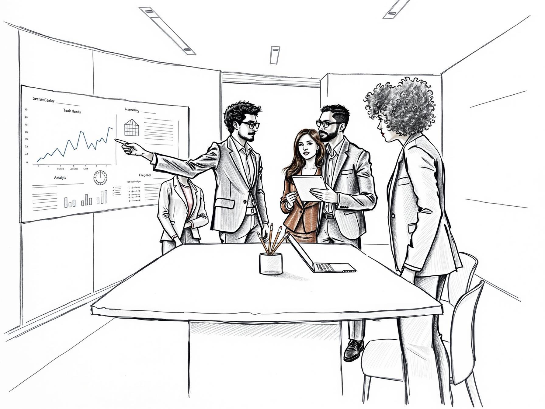 Four diverse professionals in modern office collaborating around data dashboard and tablet