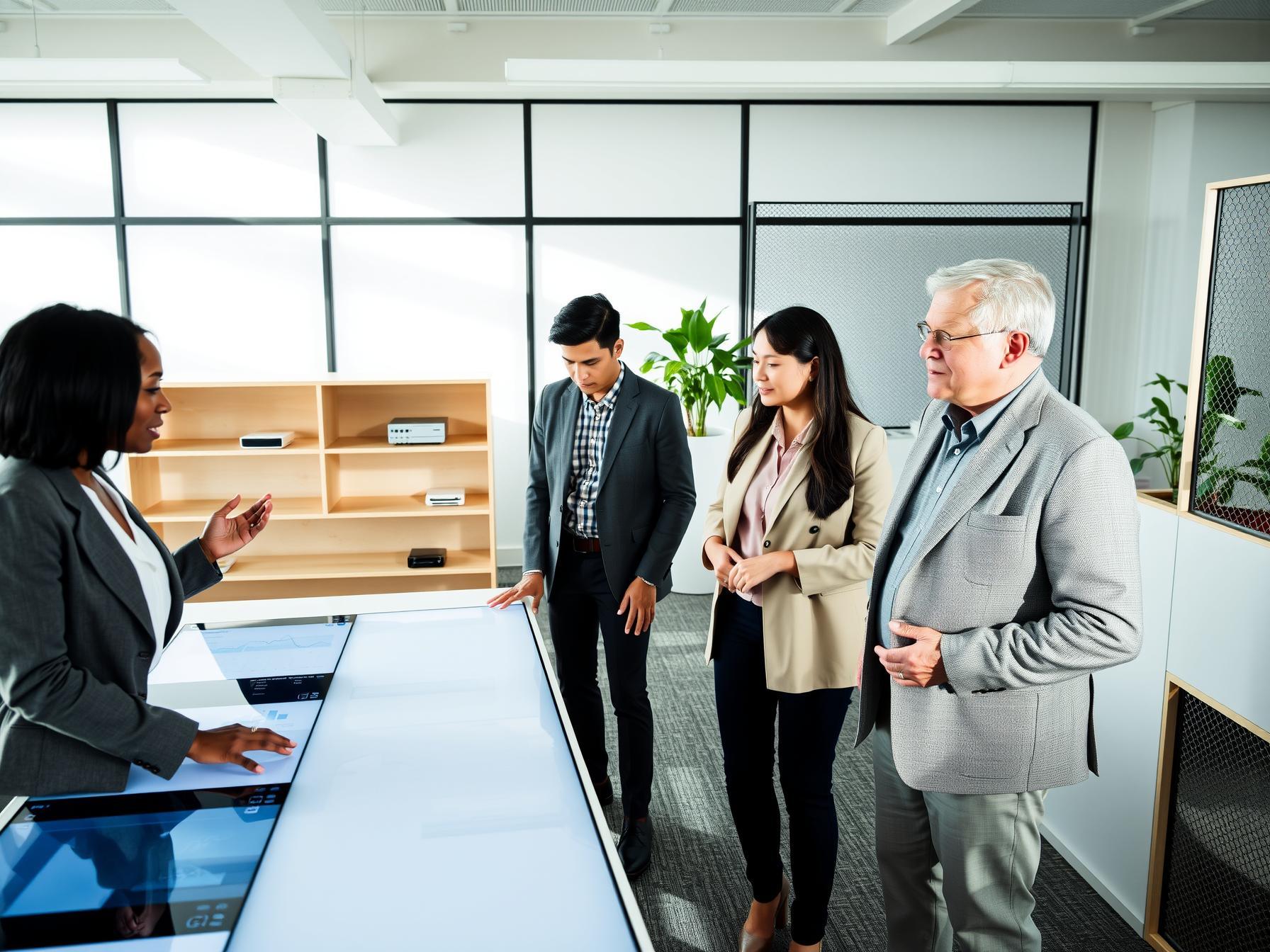 Four diverse professionals collaborate around touchscreen table in bright Scandinavian-tech innovation lab