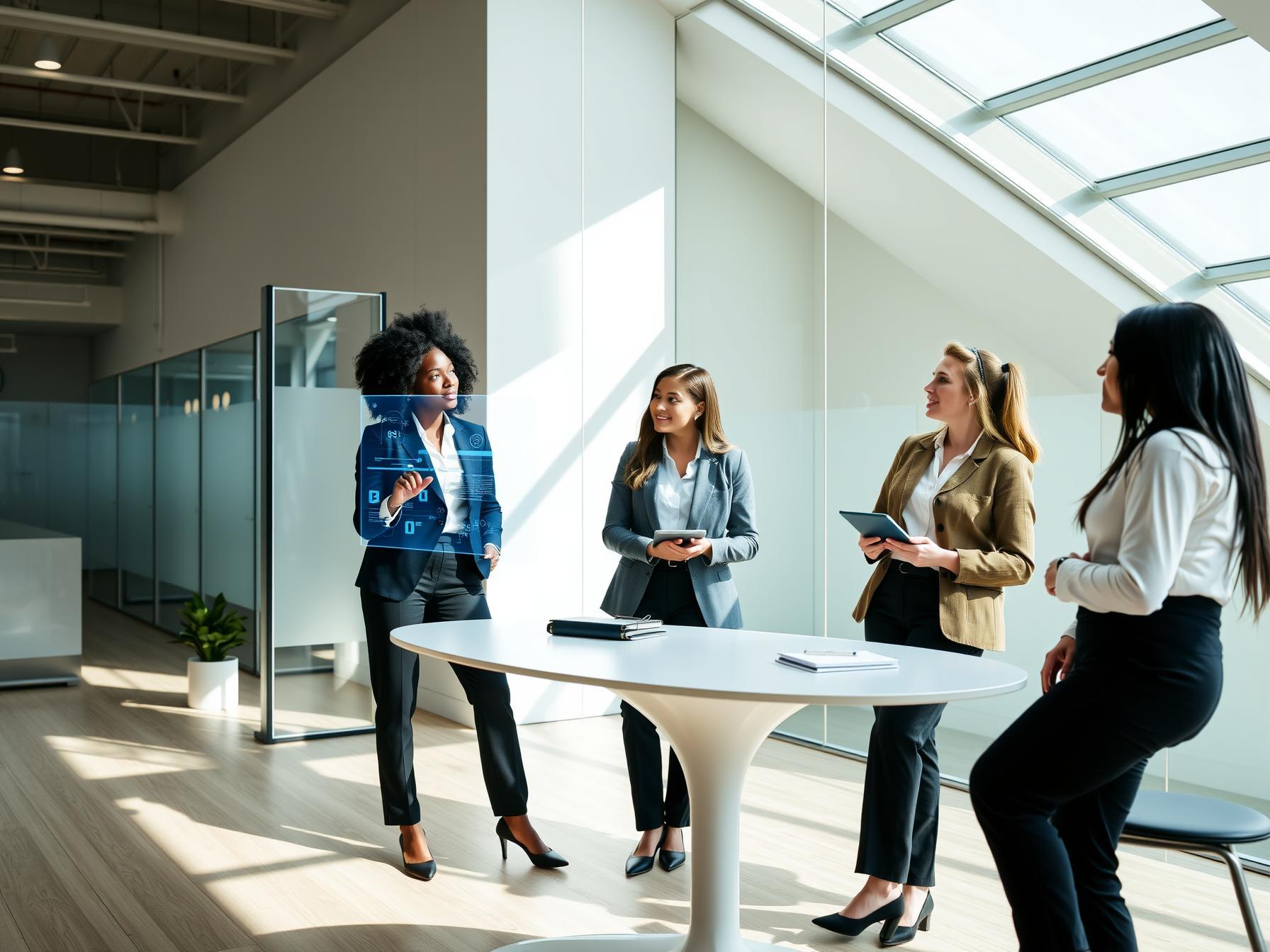 Four diverse professionals collaborating in a Scandinavian innovation lab around a digital data screen.