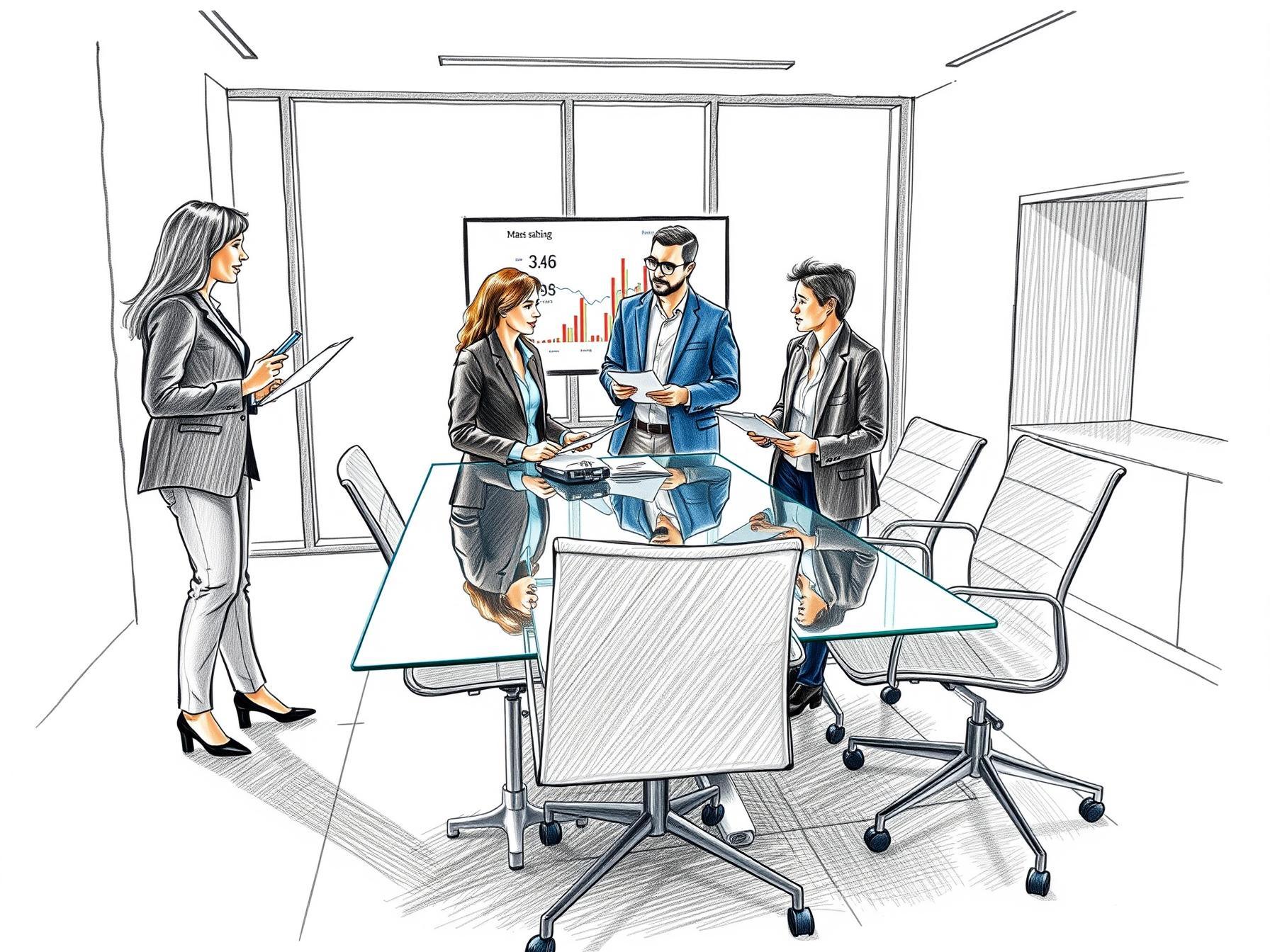 Four professionals in a modern office collaborating on data governance with a digital dashboard and tablets