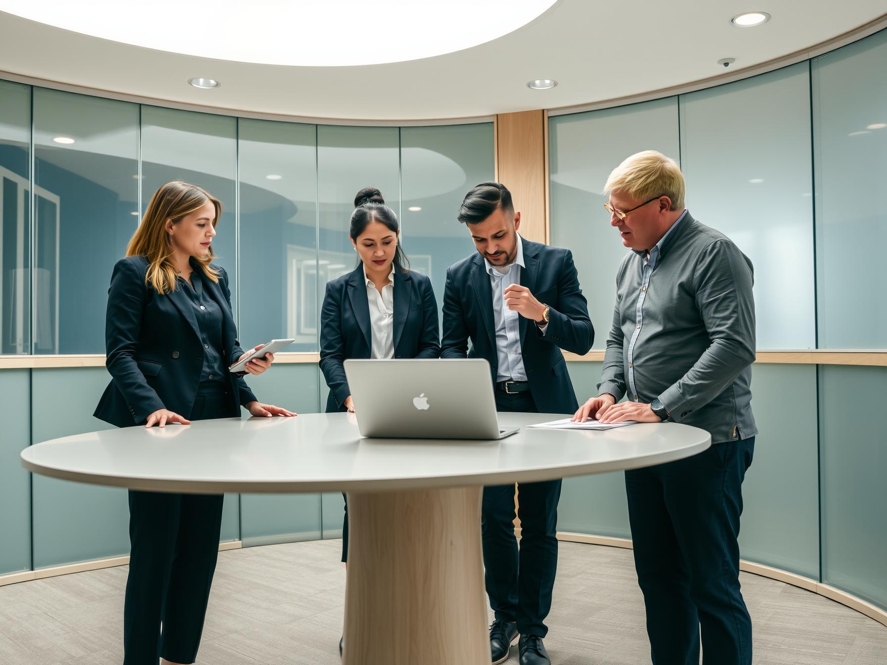 Four professionals collaborating in a bright Scandinavian tech lab discussing digital customer journey tools.