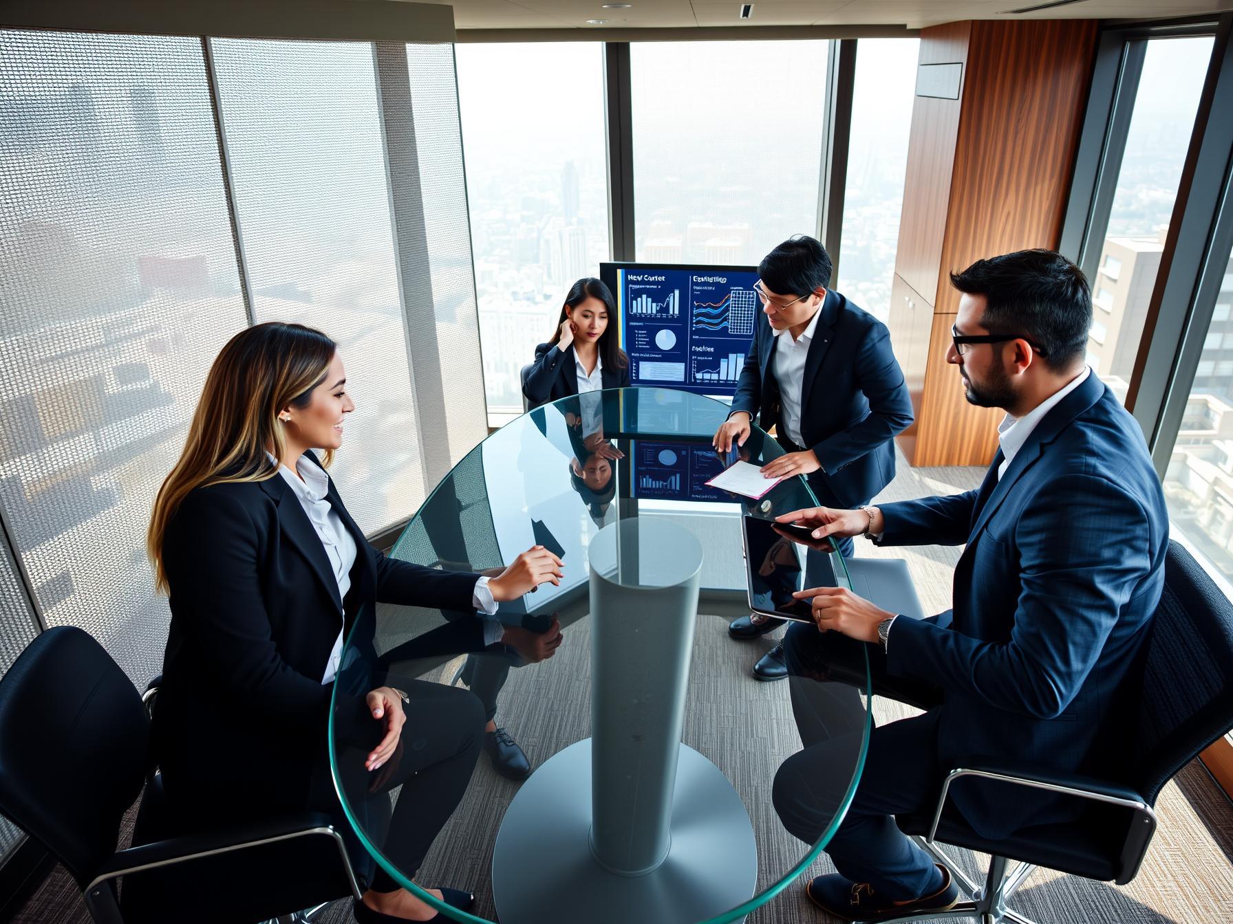 Four diverse professionals in high-rise boardroom analyzing pipeline risks on digital screens