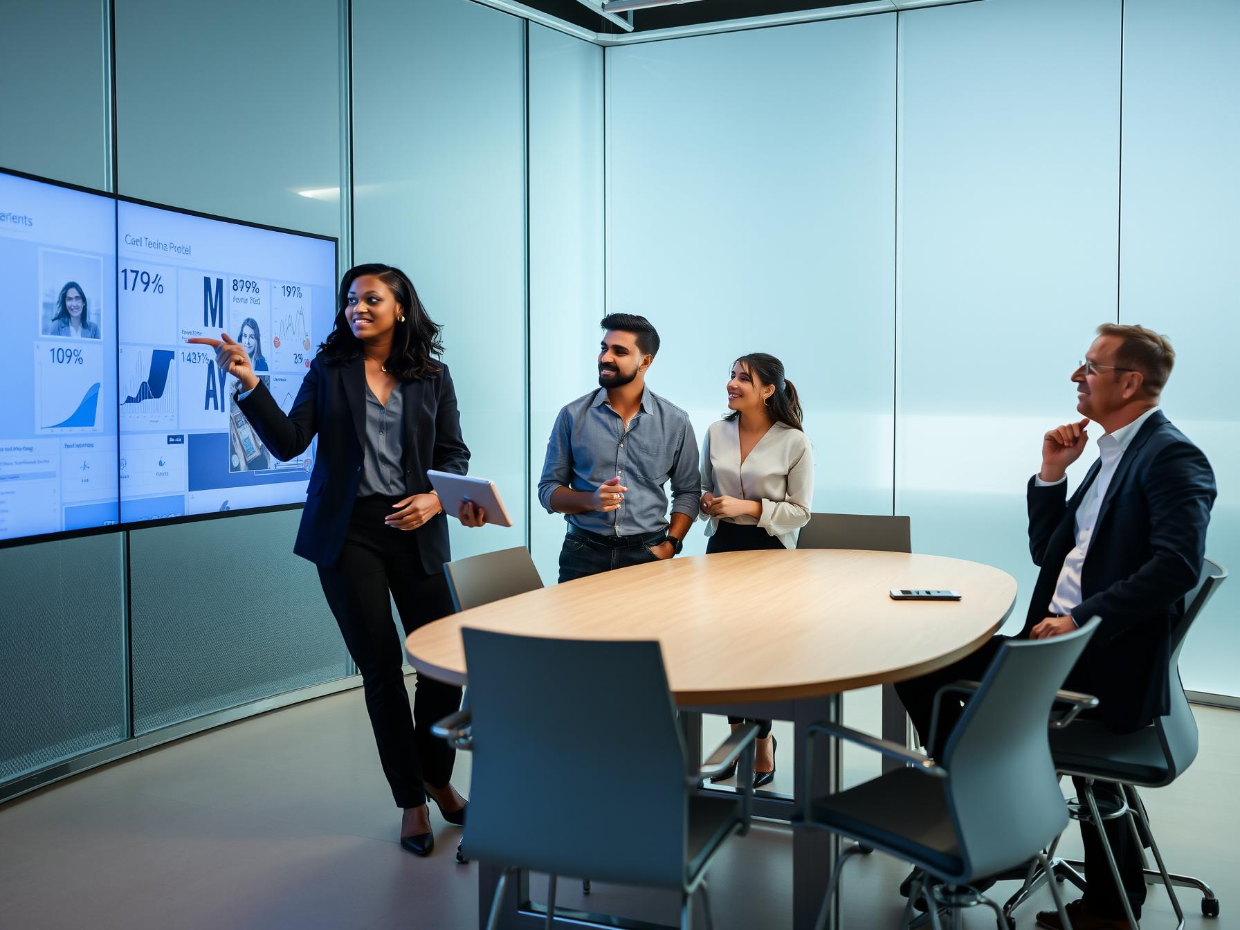 Four diverse professionals collaborate around a table in a Scandinavian-tech innovation lab with natural daylight.