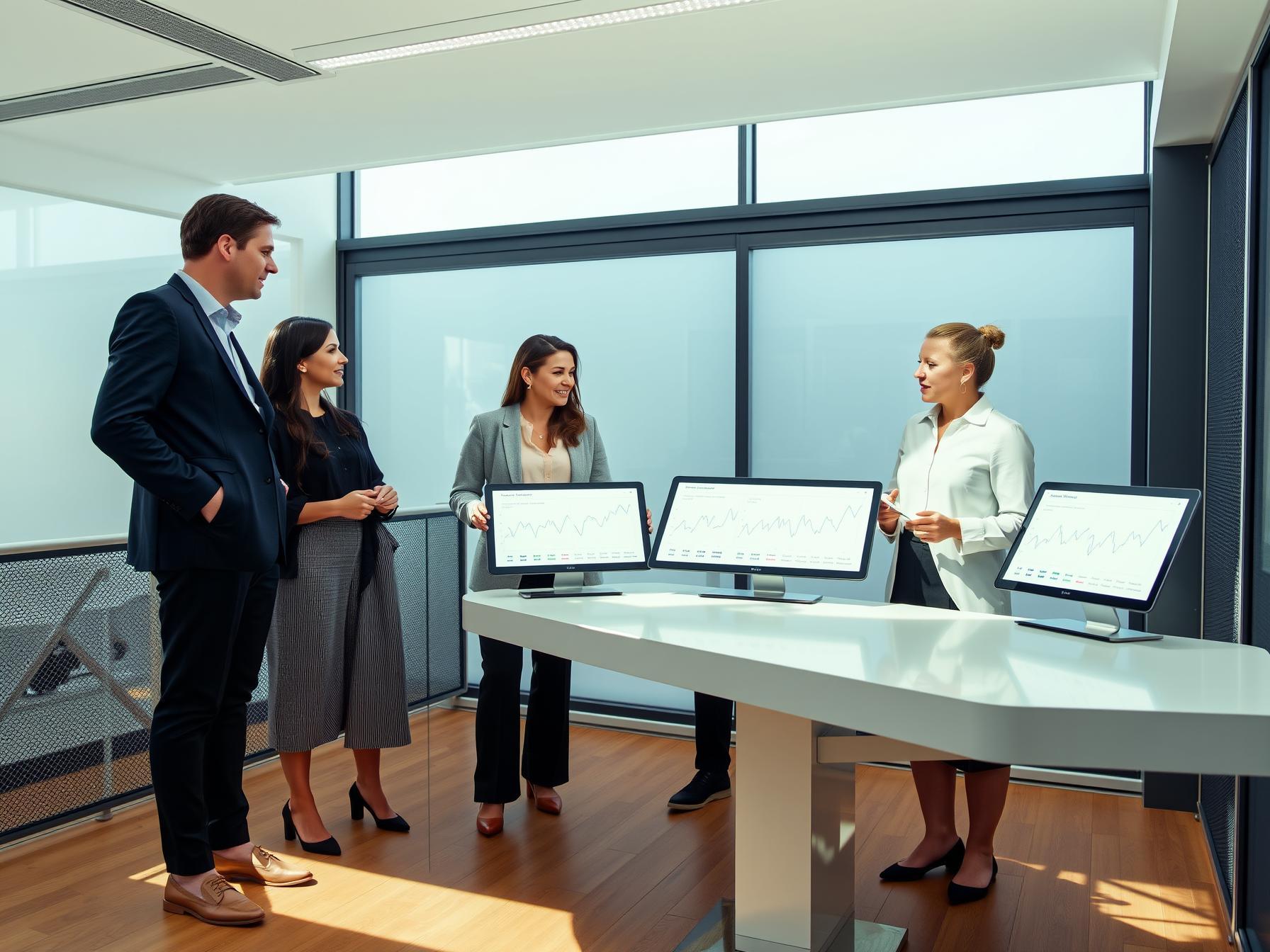 Four professionals in a Scandinavian innovation lab discussing data analytics around digital tablets