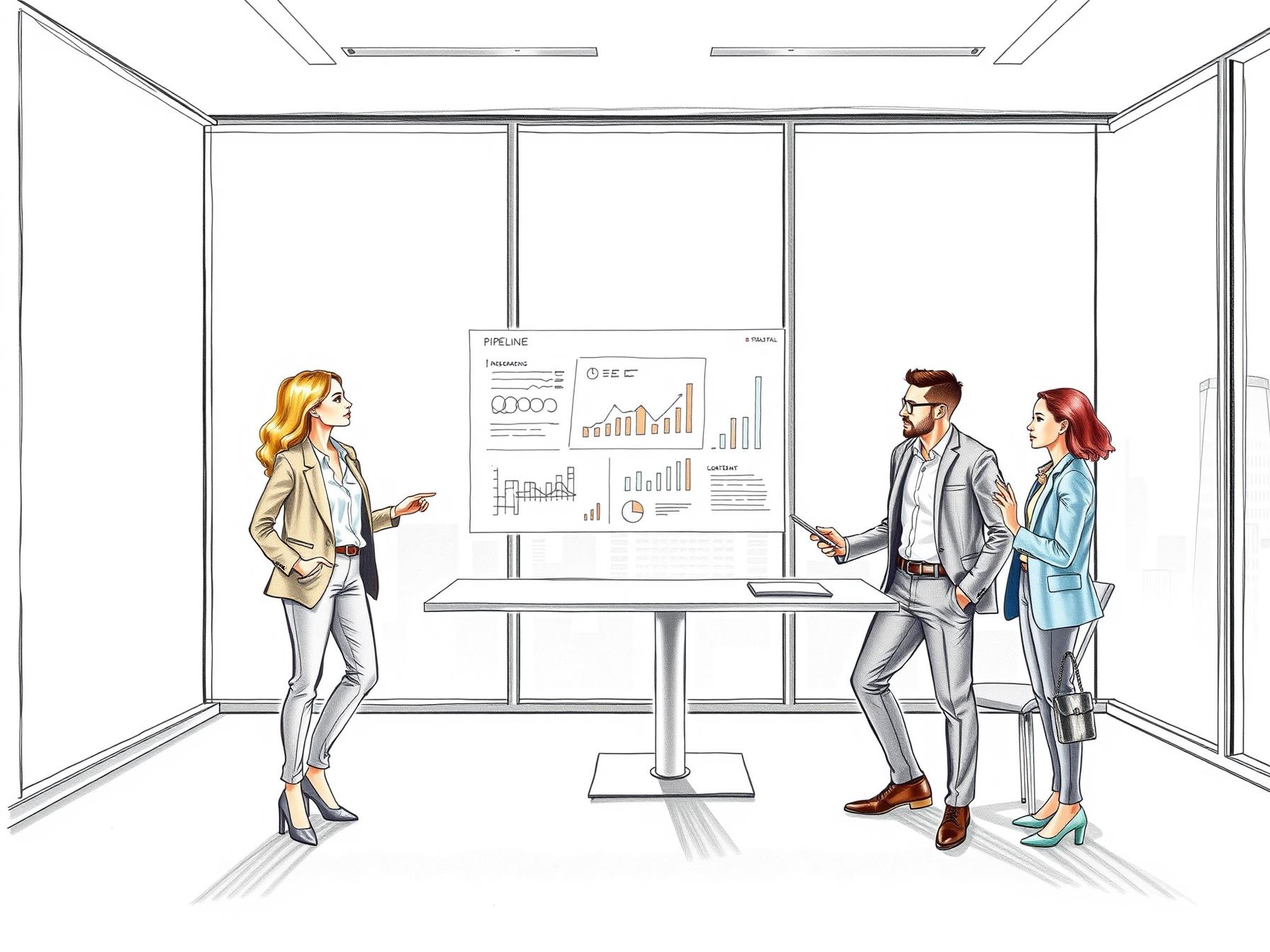 Four professionals in modern office collaborating around glass dashboard and tablet with data visuals