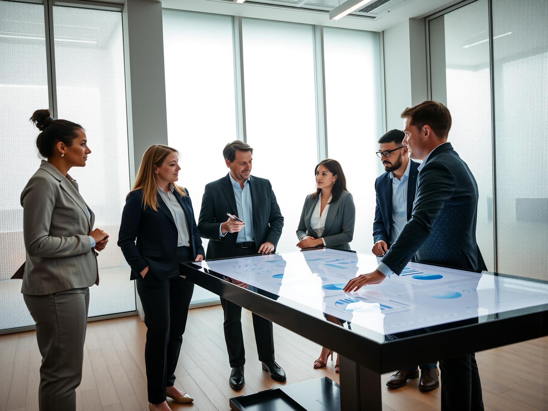 Four professionals in a Scandinavian lab collaborate around an interactive digital table visualizing pipeline data