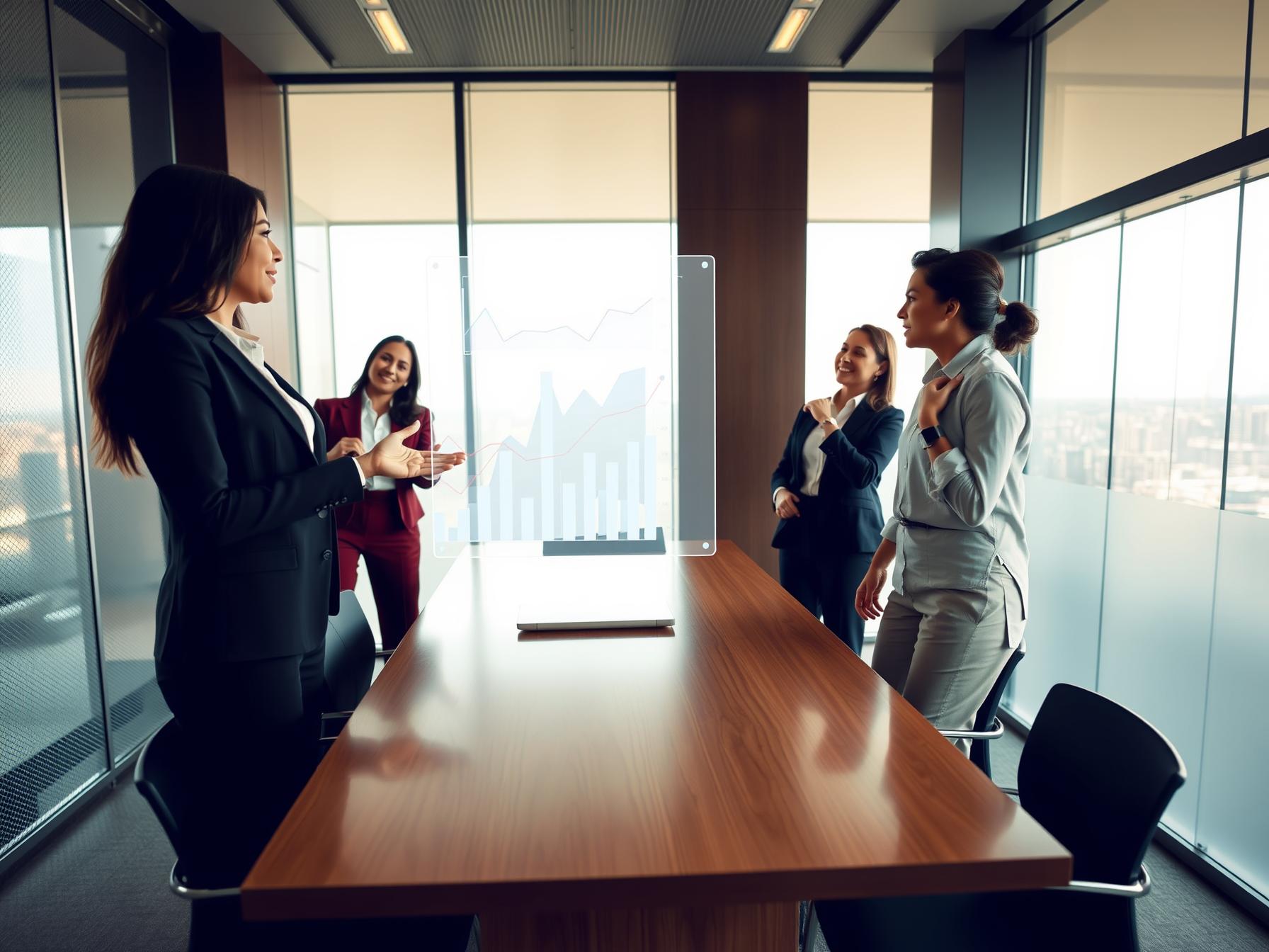 Four professionals collaborating around digital display in a high-rise boardroom with city view.