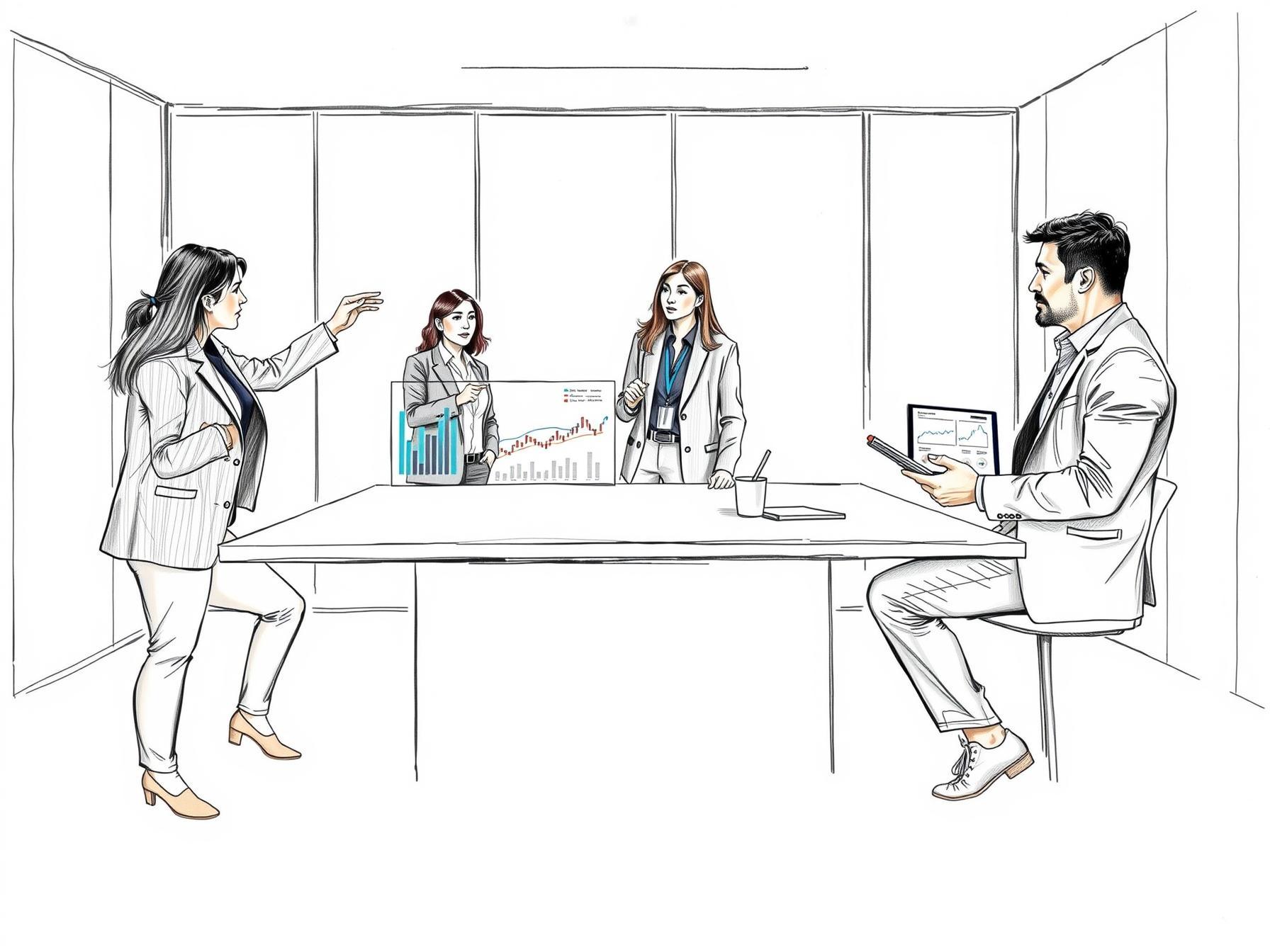 Four professionals in modern office using AI analytics dashboard in collaborative meeting