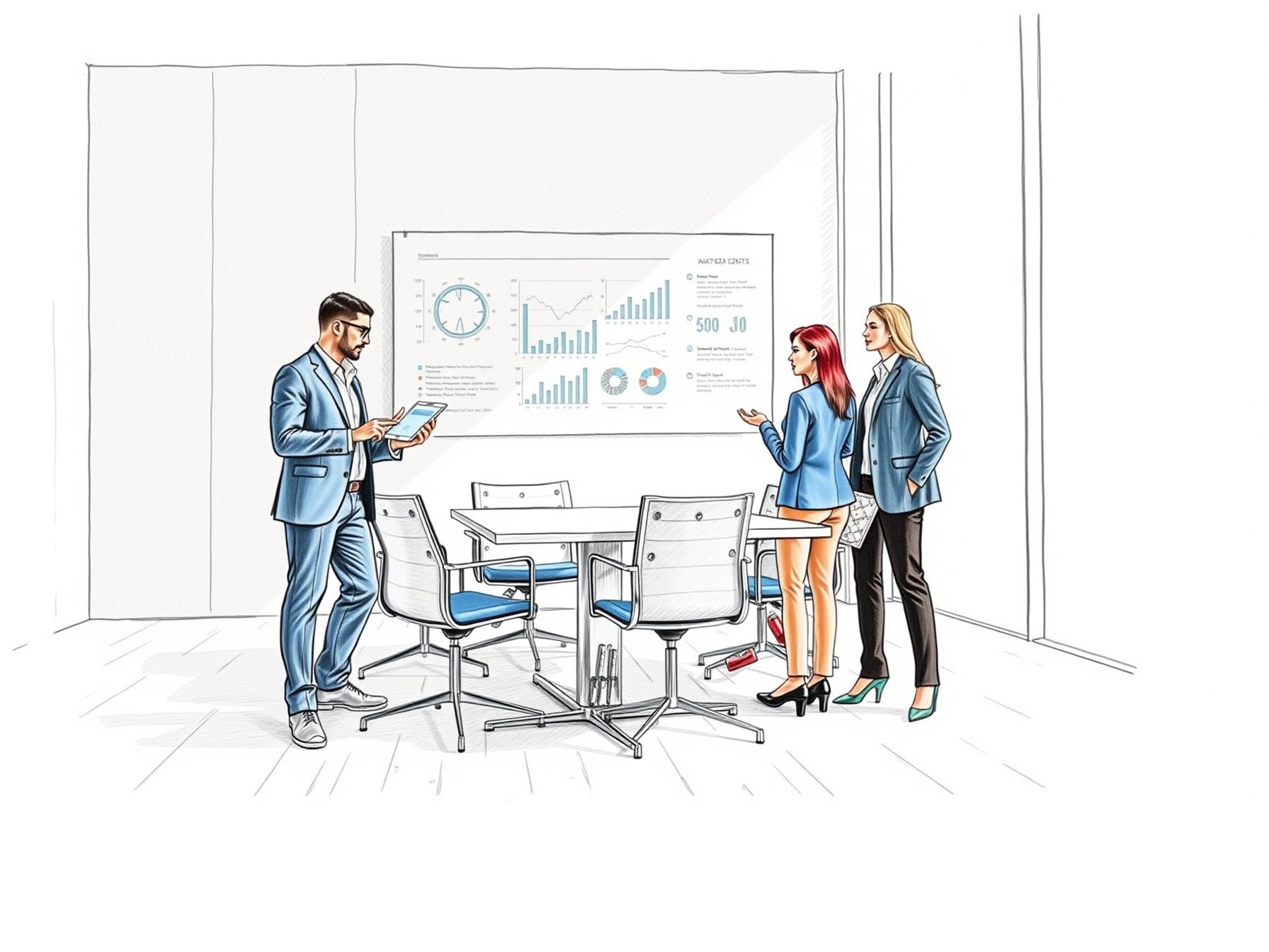 Four diverse professionals collaborating around a table in a bright modern office with digital data display