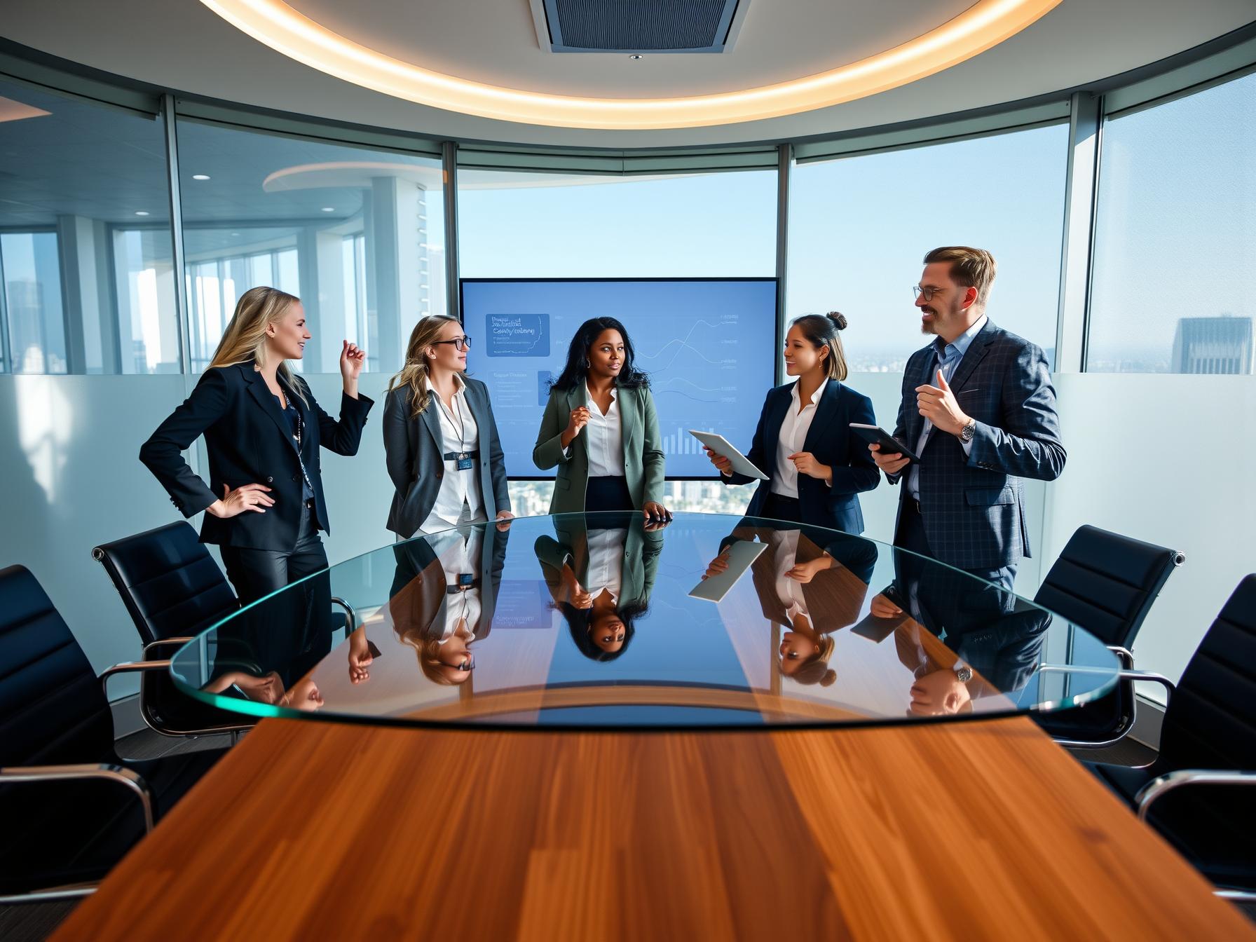 Four professionals in a high-rise boardroom collaborating over digital forecasting displays
