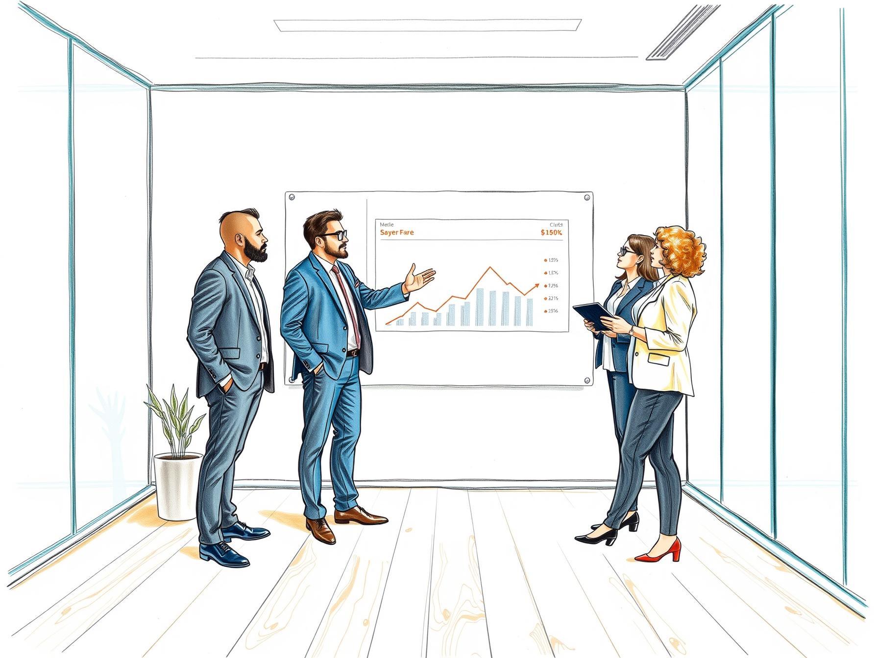 Four business professionals in modern office reviewing data on transparent dashboard collaboratively