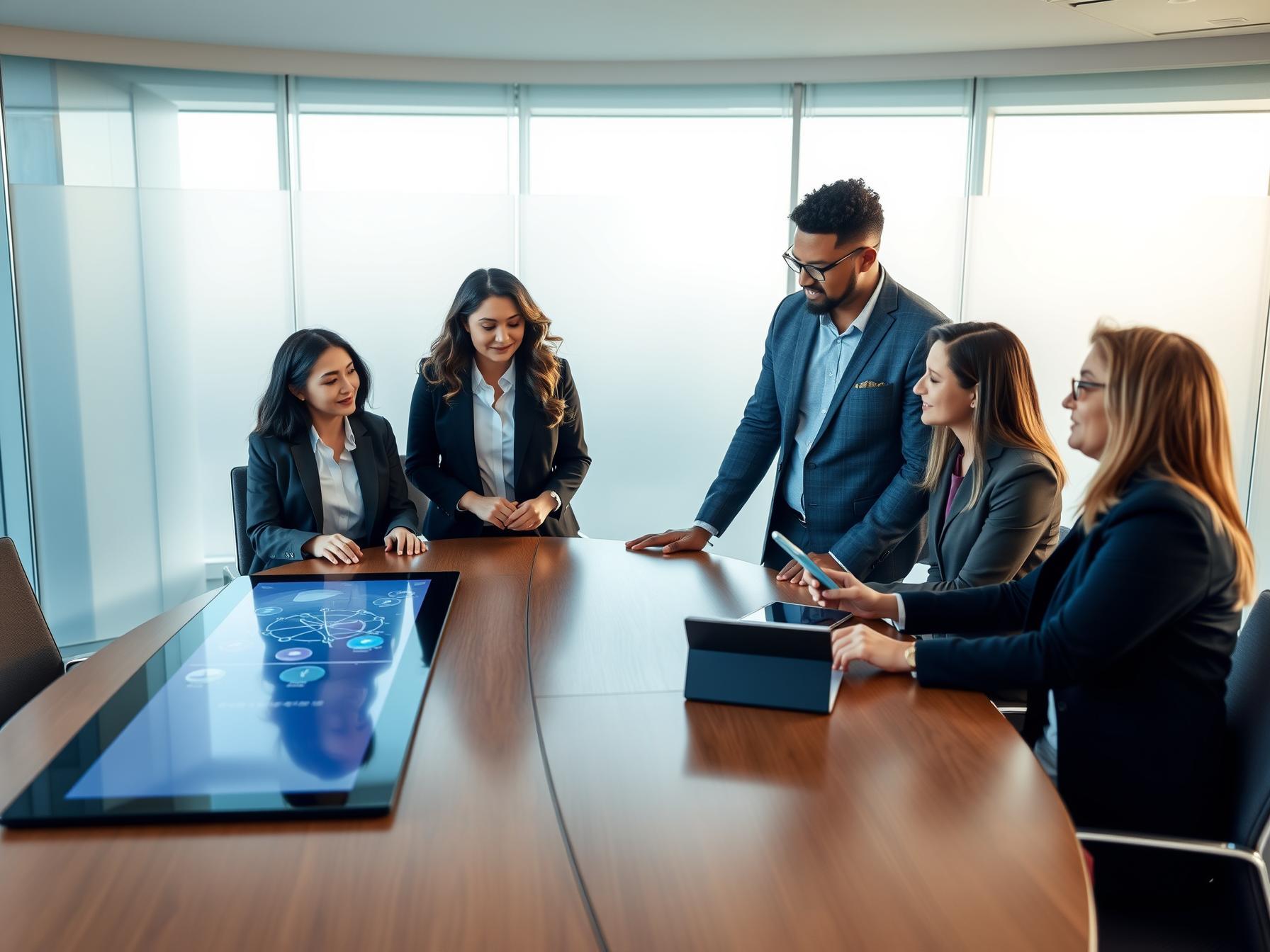 Four diverse professionals in a high-rise boardroom collaborating over digital data displays.