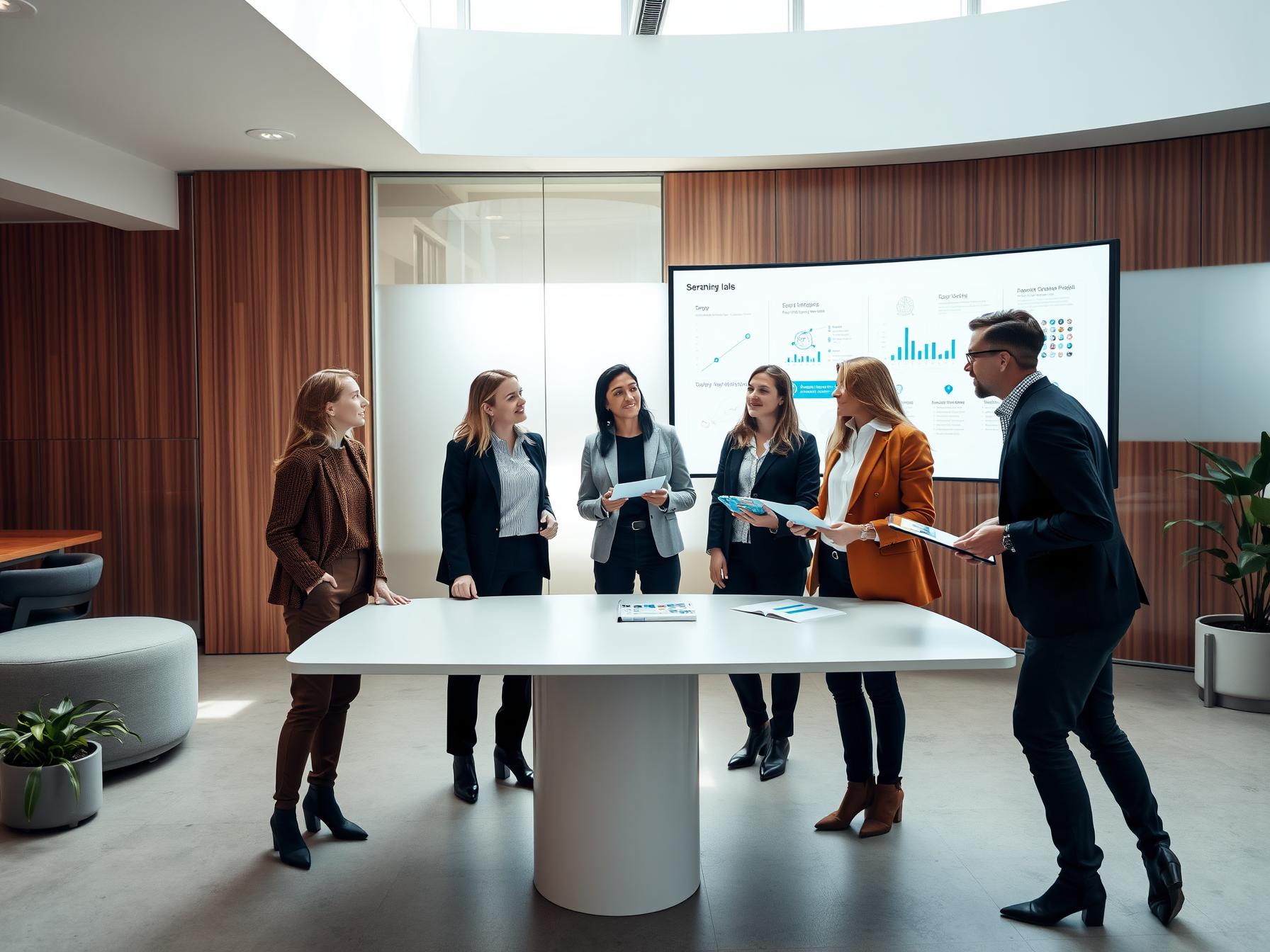 Four diverse professionals in Scandinavian innovation lab collaborating with digital screens and tablets