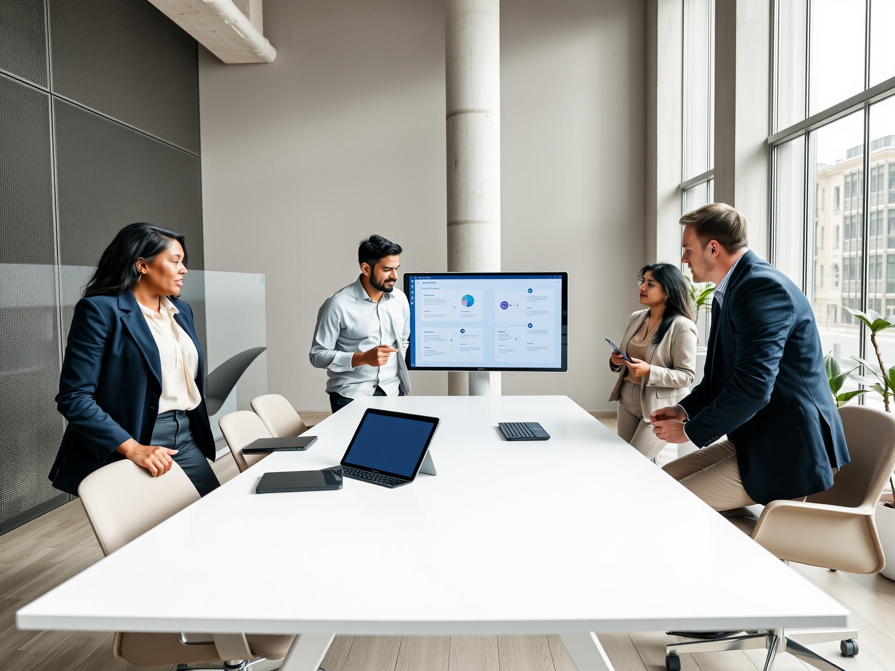 Four professionals collaborating around a table in a bright Scandinavian-tech innovation lab