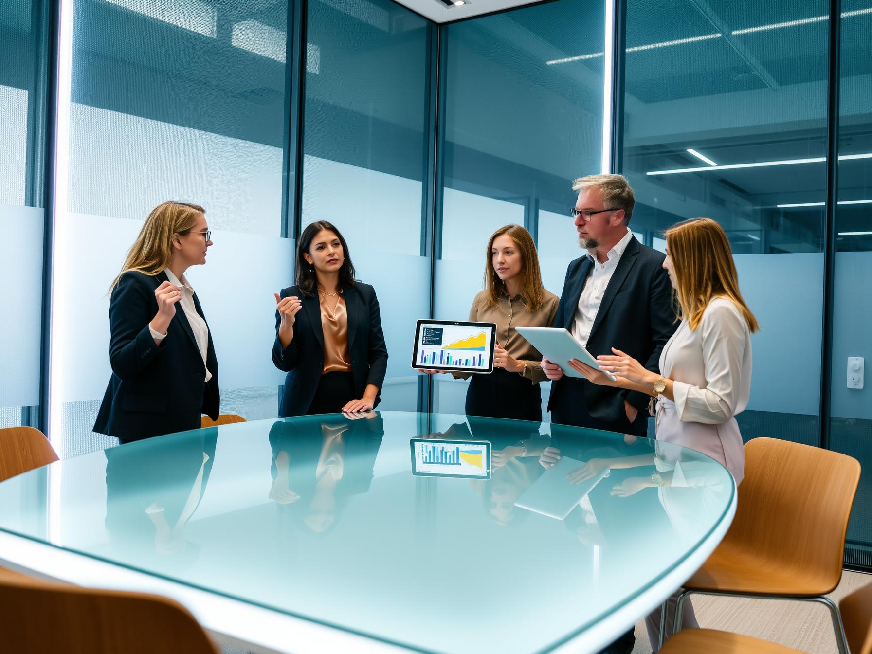 Four diverse professionals collaborating in a Scandinavian innovation lab around a glass table with digital displays.