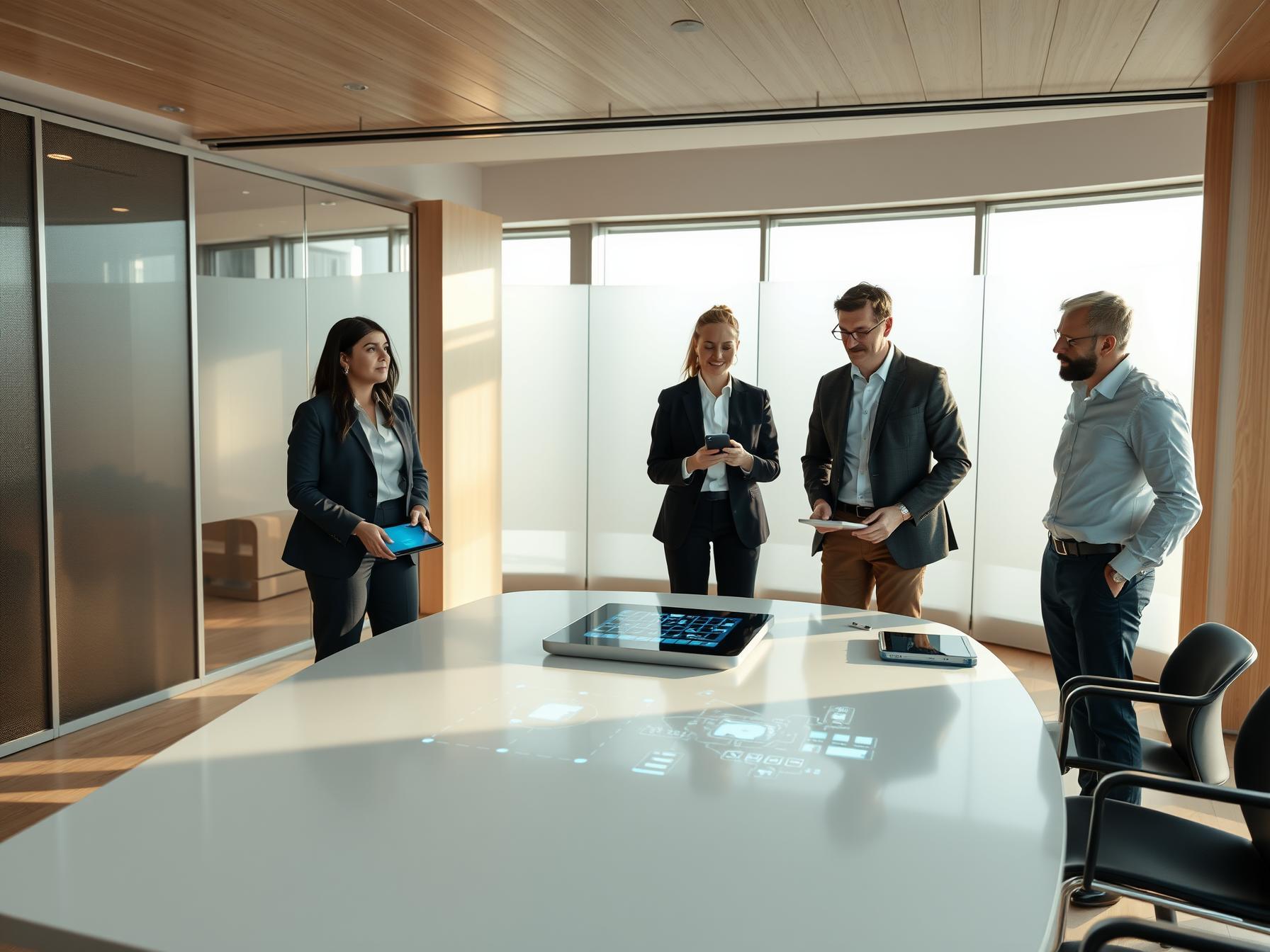 Five professionals collaborating in a bright Scandinavian-tech lab around digital tablets and holographic displays