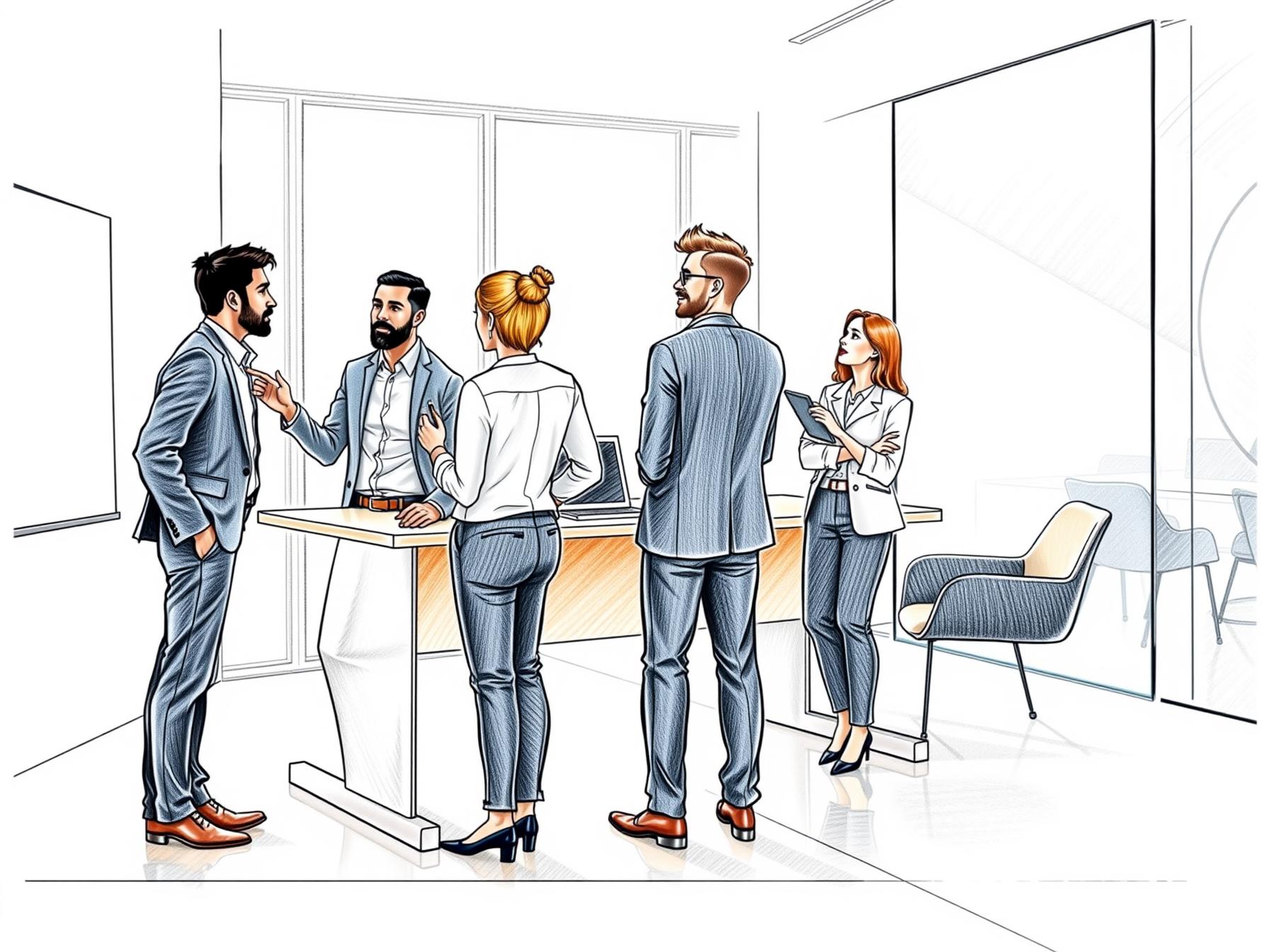 Four diverse professionals collaborating in bright modern office with digital tablet and glass board