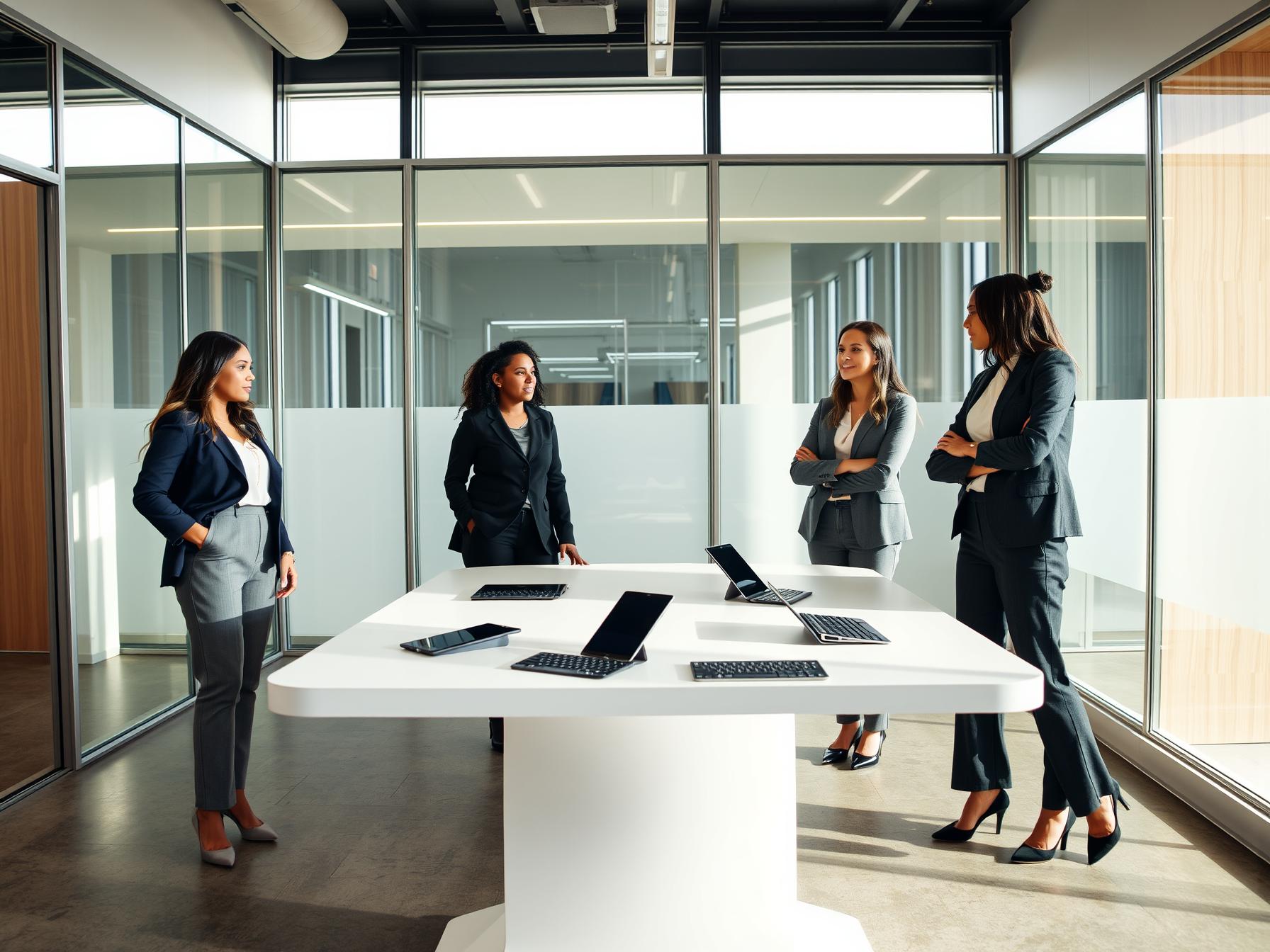 Four professionals collaborating in a bright Scandinavian-tech innovation lab around a sleek table