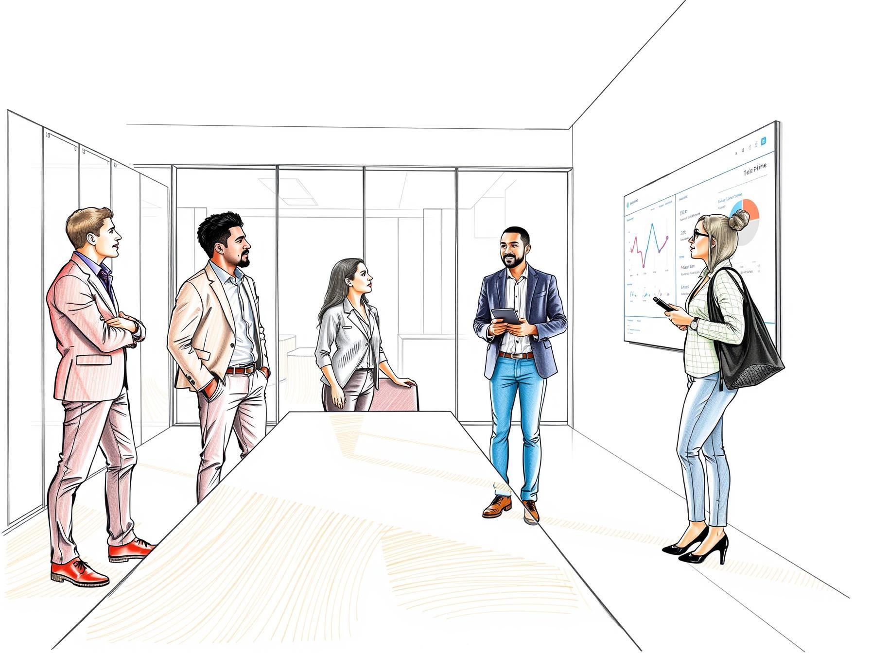 Four business professionals collaborating around a digital display in a modern office interior emphasizing cross-departmental alignment four-business-professionals-collaborating-around-a-digital-display-in-a-modern-office-interior-emphasizing-cross-departmental-alignment