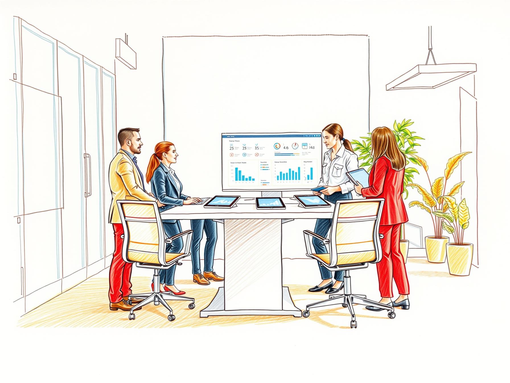 Four diverse business professionals collaborating around digital displays in a modern office interior four-diverse-business-professionals-collaborating-around-digital-displays-in-a-modern-office-interior