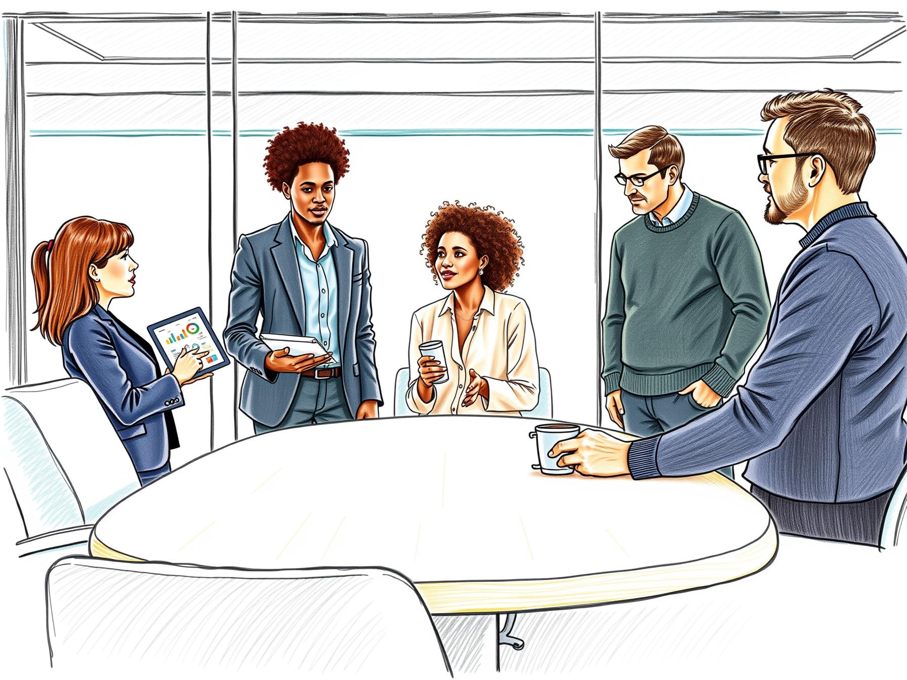 four-business-professionals-collaborating-in-a-modern-office-meeting-with-digital-tablet-sunlight-and-glass-partitions