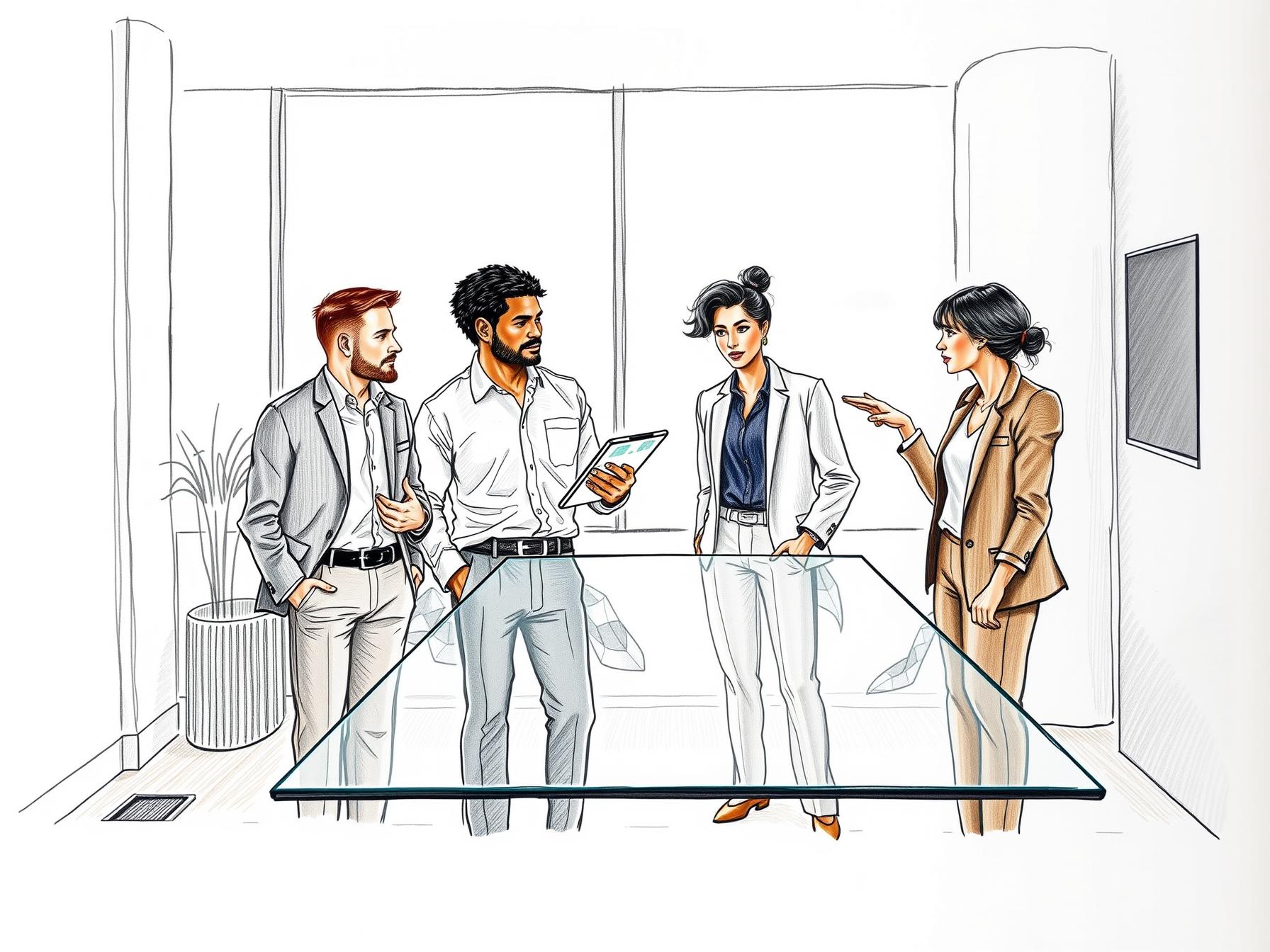 Four diverse professionals collaborating on compliance risks in emerging compensation models in an elegant office four-diverse-professionals-collaborating-on-compliance-risks-in-emerging-compensation-models-in-an-elegant-office