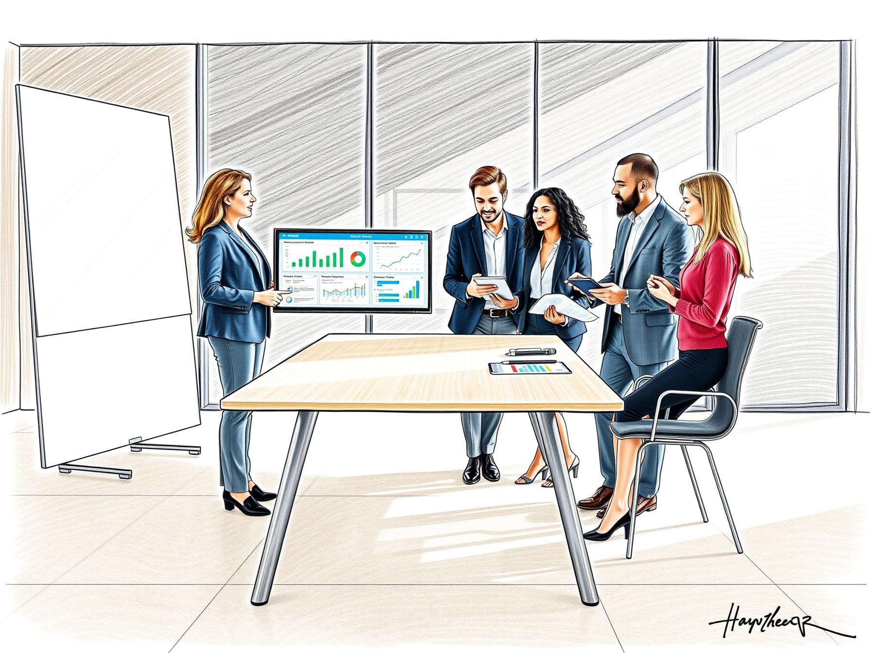 Four diverse business professionals collaborating on revenue intelligence and multi-touch attribution in modern office four-diverse-business-professionals-collaborating-on-revenue-intelligence-and-multi-touch-attribution-in-modern-office