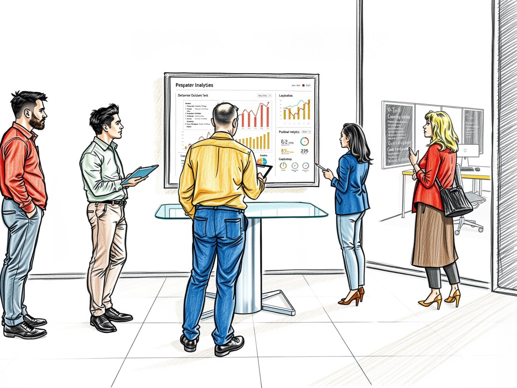 Four diverse business professionals collaborating around digital analytics dashboard in modern office interior four-diverse-business-professionals-collaborating-around-digital-analytics-dashboard-in-modern-office-interior